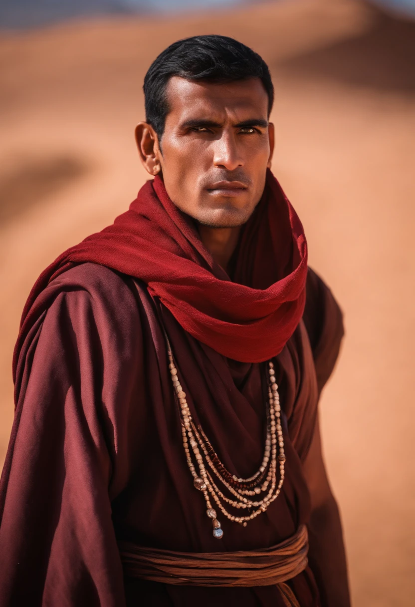 A monk is wearing maroom scarf in the desert, detailed facial features, firminbaes, war photography, intense gaze, portrait photography, background blur, captured by Sony Alpha a7 Ill camera with Sony FE 24-105mm f/4 G OSS* lens