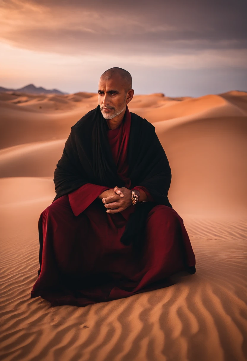 A monk is wearing maroom scarf in the desert, detailed facial features, firminbaes, war photography, intense gaze, portrait photography, background blur, captured by Sony Alpha a7 Ill camera with Sony FE 24-105mm f/4 G OSS* lens