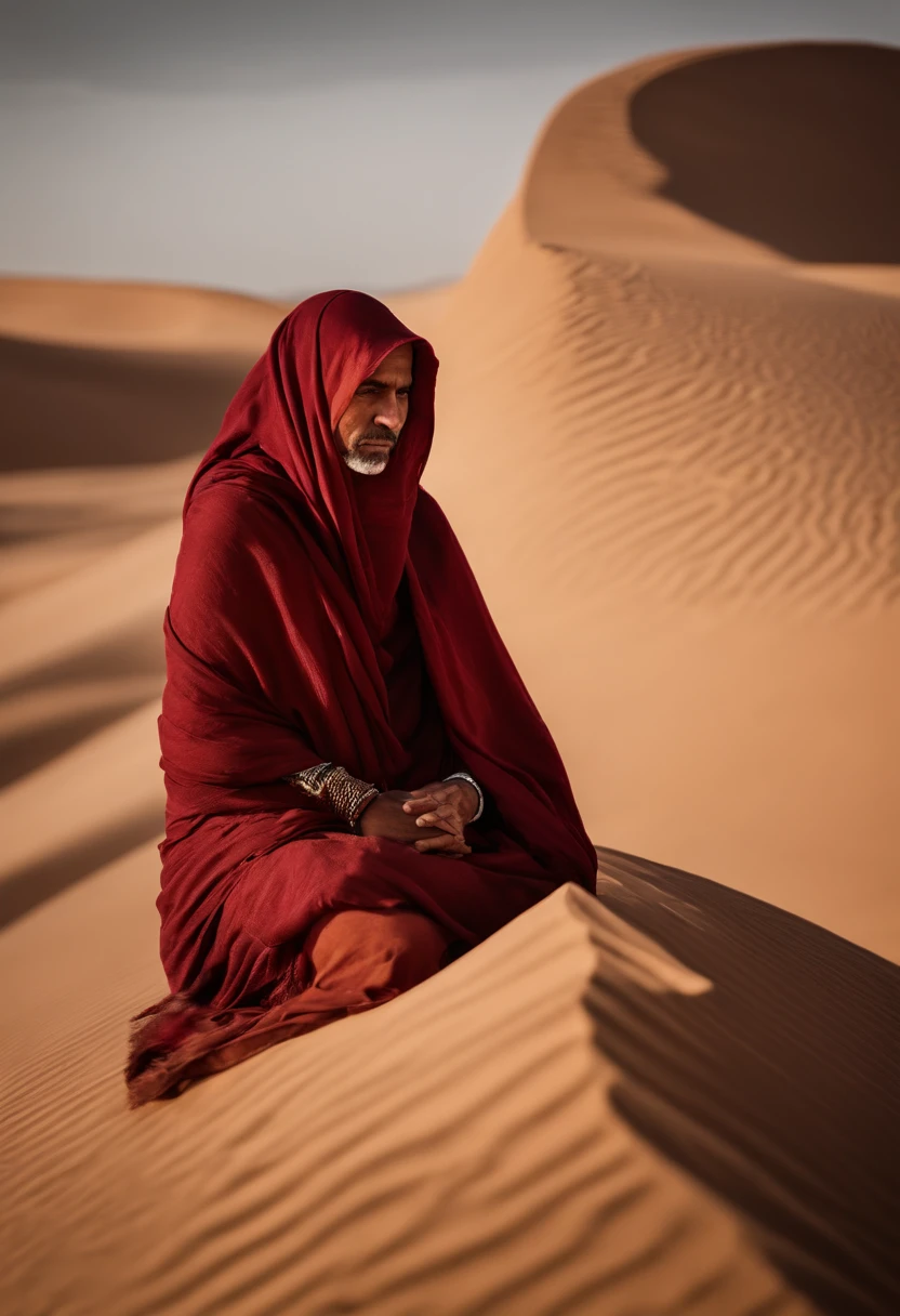 A monk is wearing maroom scarf in the desert, detailed facial features, firminbaes, war photography, intense gaze, portrait photography, background blur, captured by Sony Alpha a7 Ill camera with Sony FE 24-105mm f/4 G OSS* lens