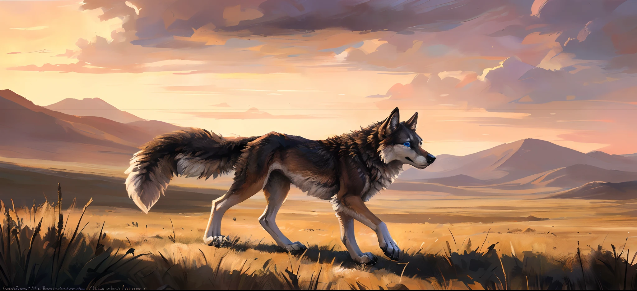 ((Solo)), Male, coyote, (Multi-colored fur, White-brown:1.3,White tail pointed), ((Wolf face, White hair, Big eyes, White eyelids, Blue pupil, Slim:1.2) (Tough, Calm expression:1.2)), Robust,Slim, pinging)), (Correct body anatomy), A big tail,Feet,Longer torso,Well-proportioned limbs,(Realistic fur, Detailed fur texture, labeled:1.3)), (Natural lighting), Photorealistic, Hyperrealistic, ultradetailed, by Kenket,Naked all over the body,Endless grasslands,Walking