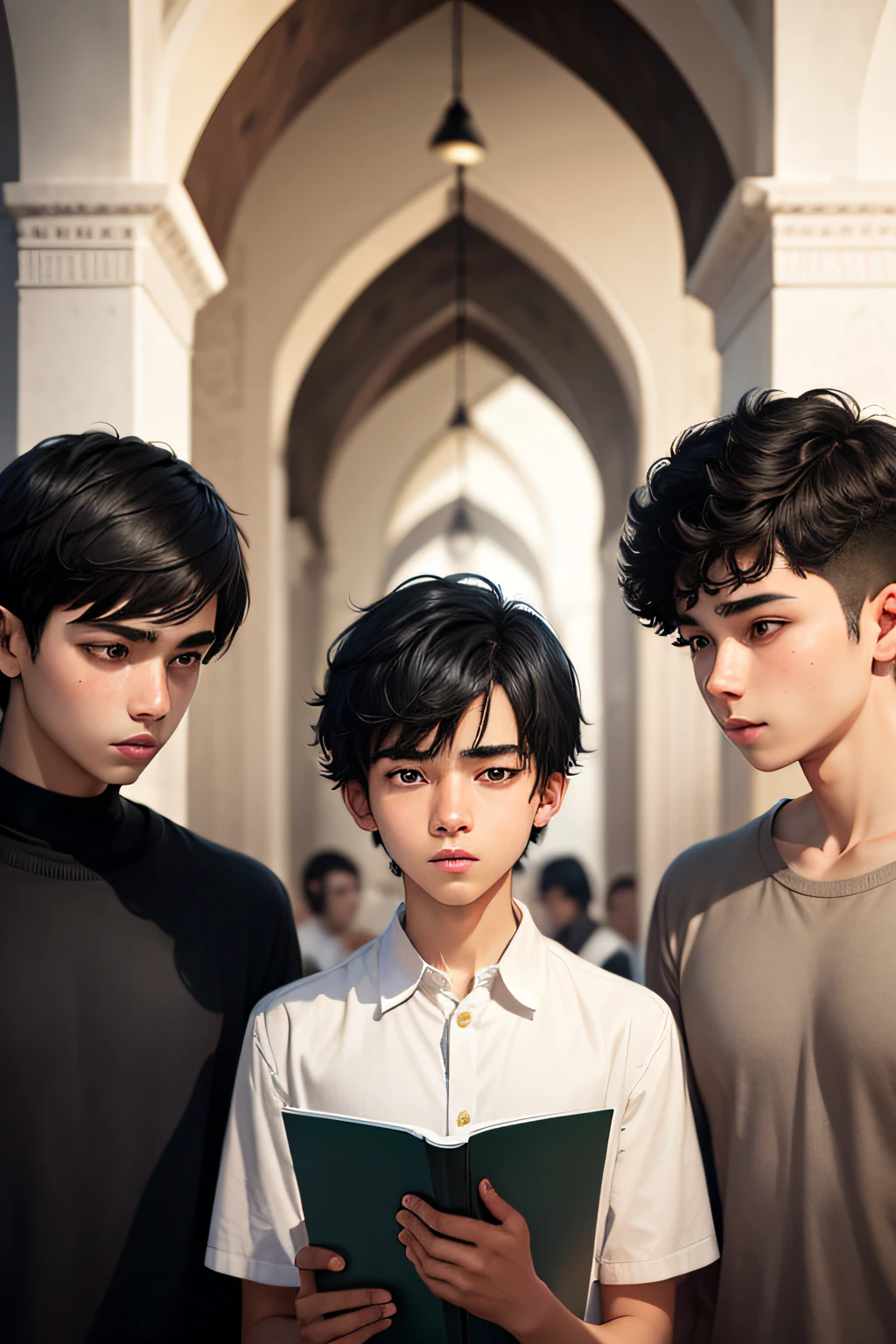 16 year old boy, black hair, short hair, with friends at the mosque determined to make a decision
