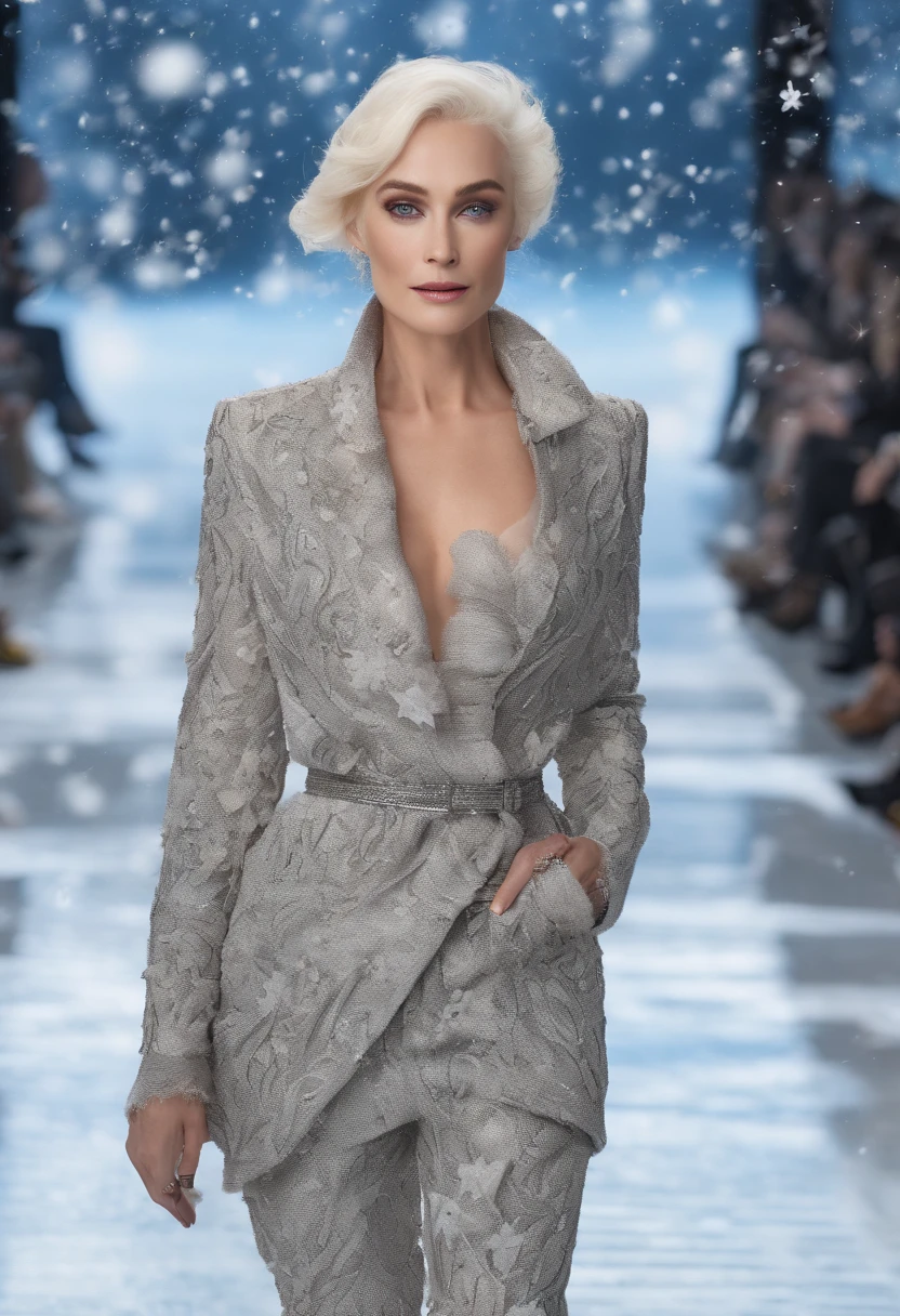 (best quality,4k,8k,highres,masterpiece:1.2), ultra-detailed, (realistic,photorealistic,photo-realistic:1.37), fashion show photo, Carmen Dell'Orefice, (supermodel physique), fashion show photo, ((full body shot)), black models with freckles and bald heads, supermodel body, (Chanel-inspired outfits), opal necklace, beautiful high heels, glamorous, flowing trousers, indoor: runway scene, (snowflakes in the background, sea, stars), long-distance shot, photographic texture.