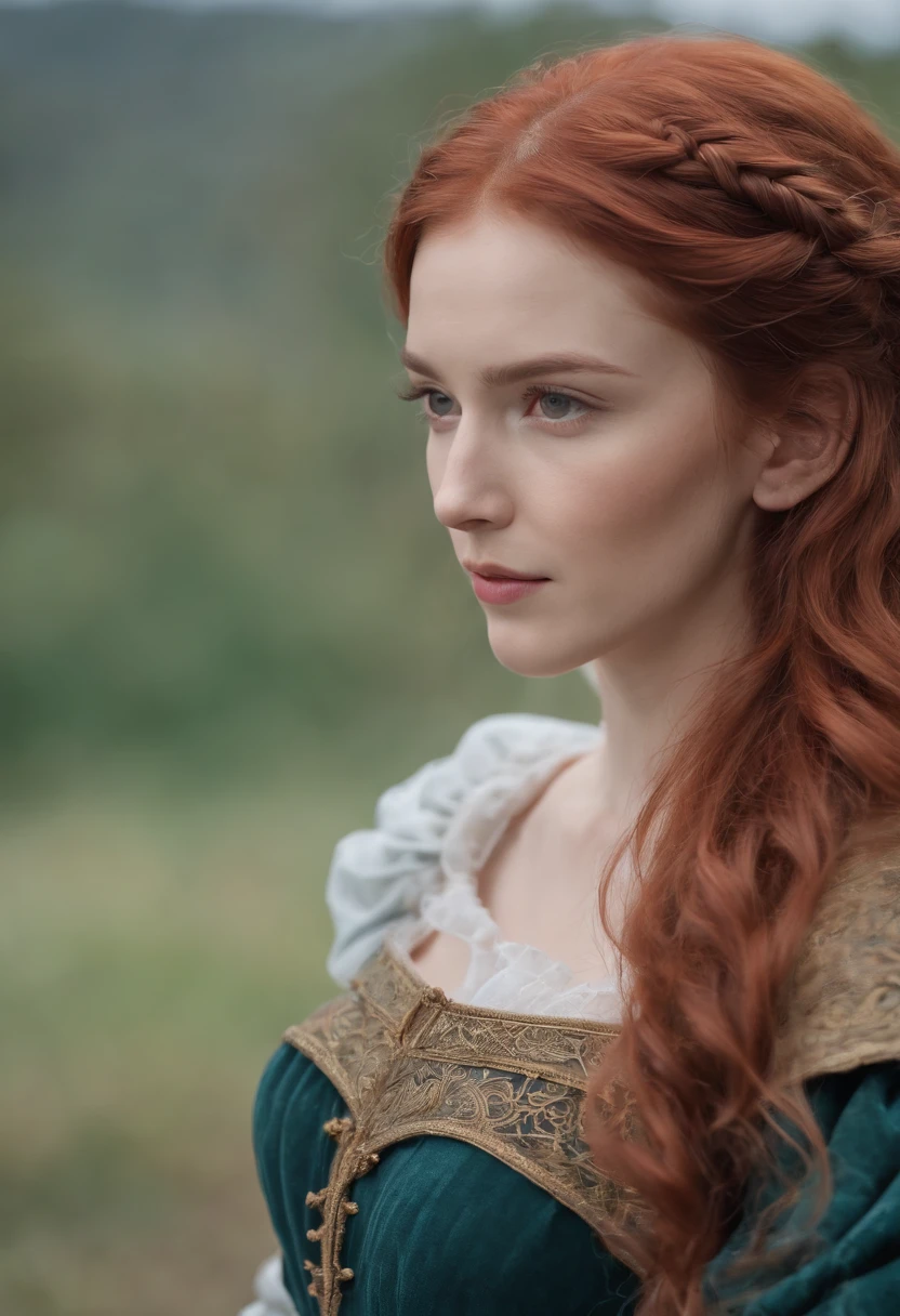 (Professional 3D rendering:1.3) de (Realistic:1.3) A woman of 18 years, with fiery red hair, eyes sparkling in lilac, wearing a medieval noblewoman's dress, with a determined expression, standing in a garden amidst a stormy background.