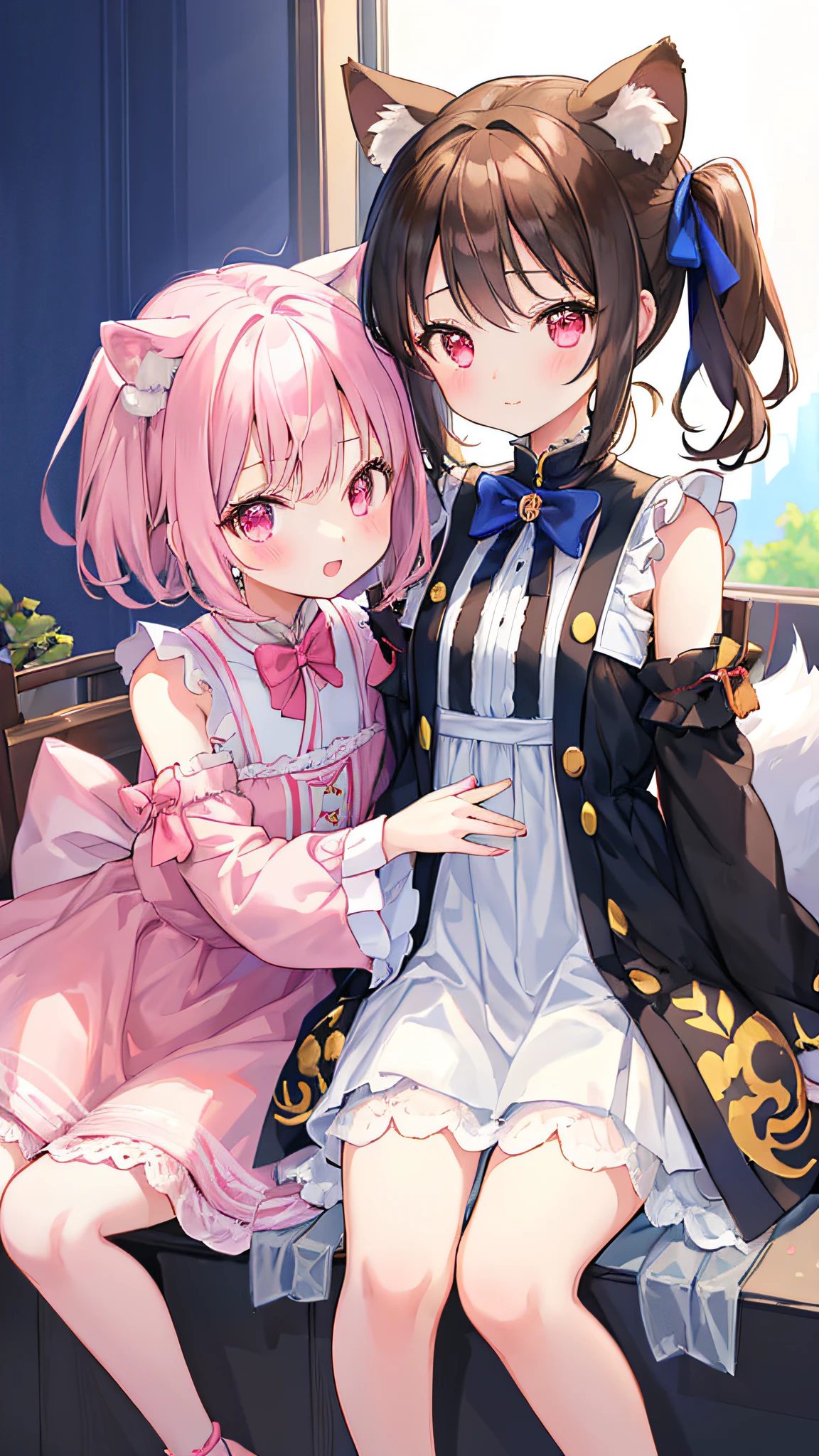 Beautiful illustration、top-quality、Cute twin girls、stading(For 2 people)、PastelColors、Fluffy raccoon ears、小柄、brown haired、Bright lighting、bright pink eyes、Pony tail、(8K, Raw photography, top-quality, ​masterpiece:1.2), (realisitic, Photorealsitic:1.37), ultra-detailliert, 1 rapariga, 独奏, cute little, Beautiful fece
