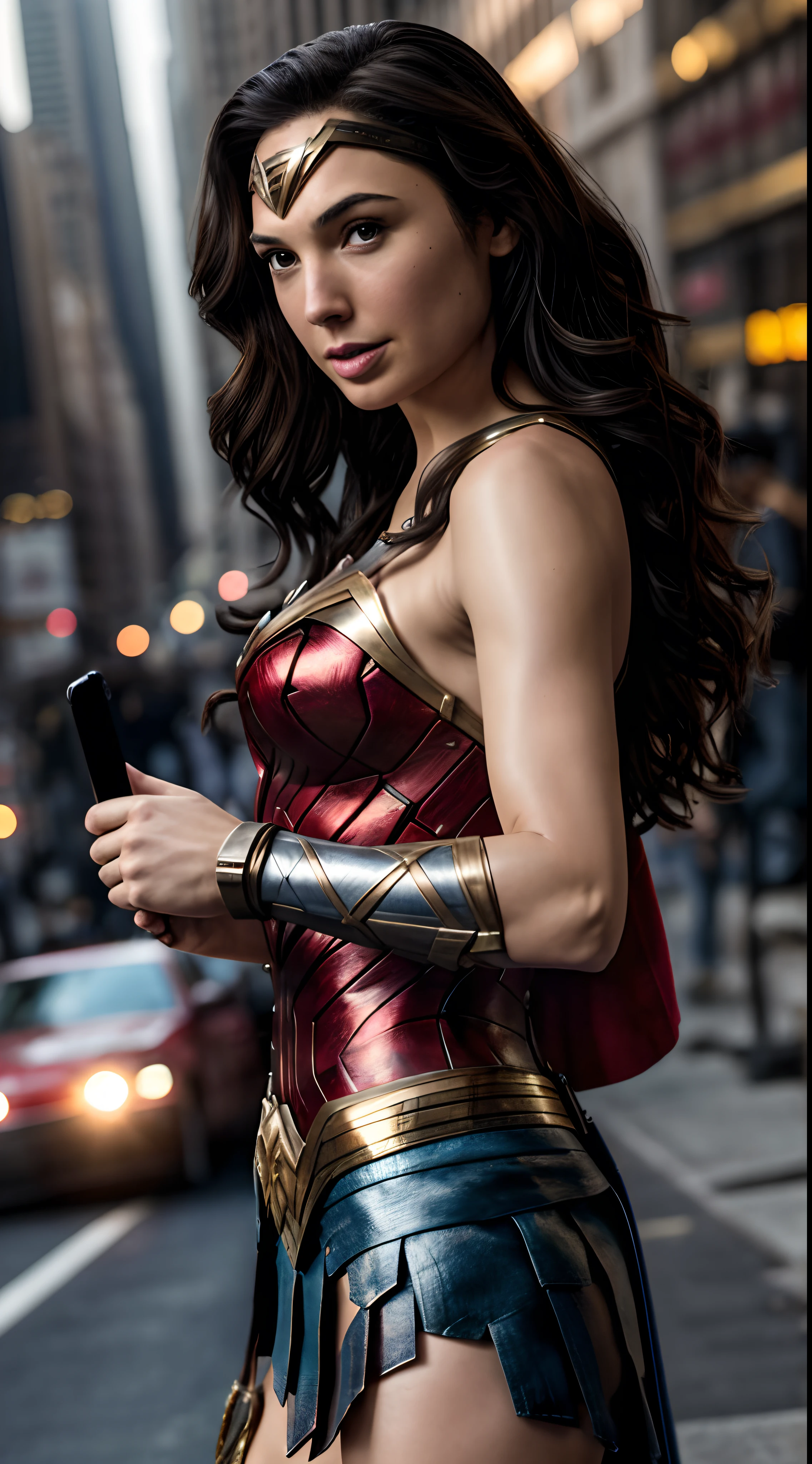 gal gadot wonder woman taking selfie in new york hyper realistic hyper detailed 4k photo quality