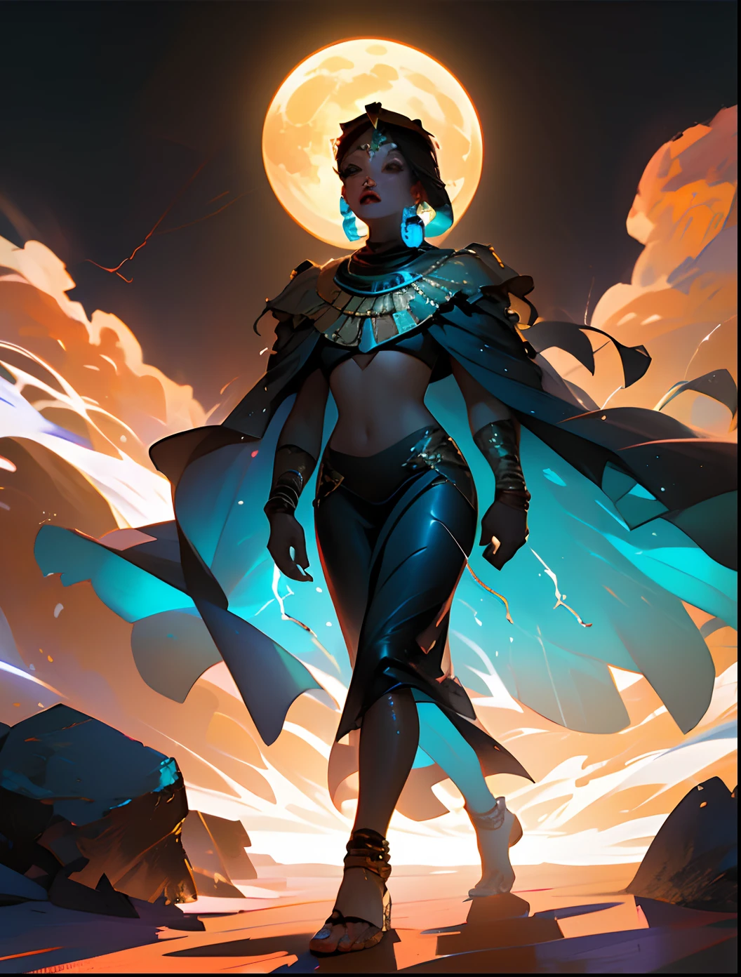 Egyptian hot mummy Girl, walking out desert at full moon night, more realistic, 5D, 8K, hyper realistic, super detailed, horror ancient vibe, holographic spark lightning, masterpiece, highly eternal, more horror realistic, perfect face, fingers, hands, full body, trending on art section