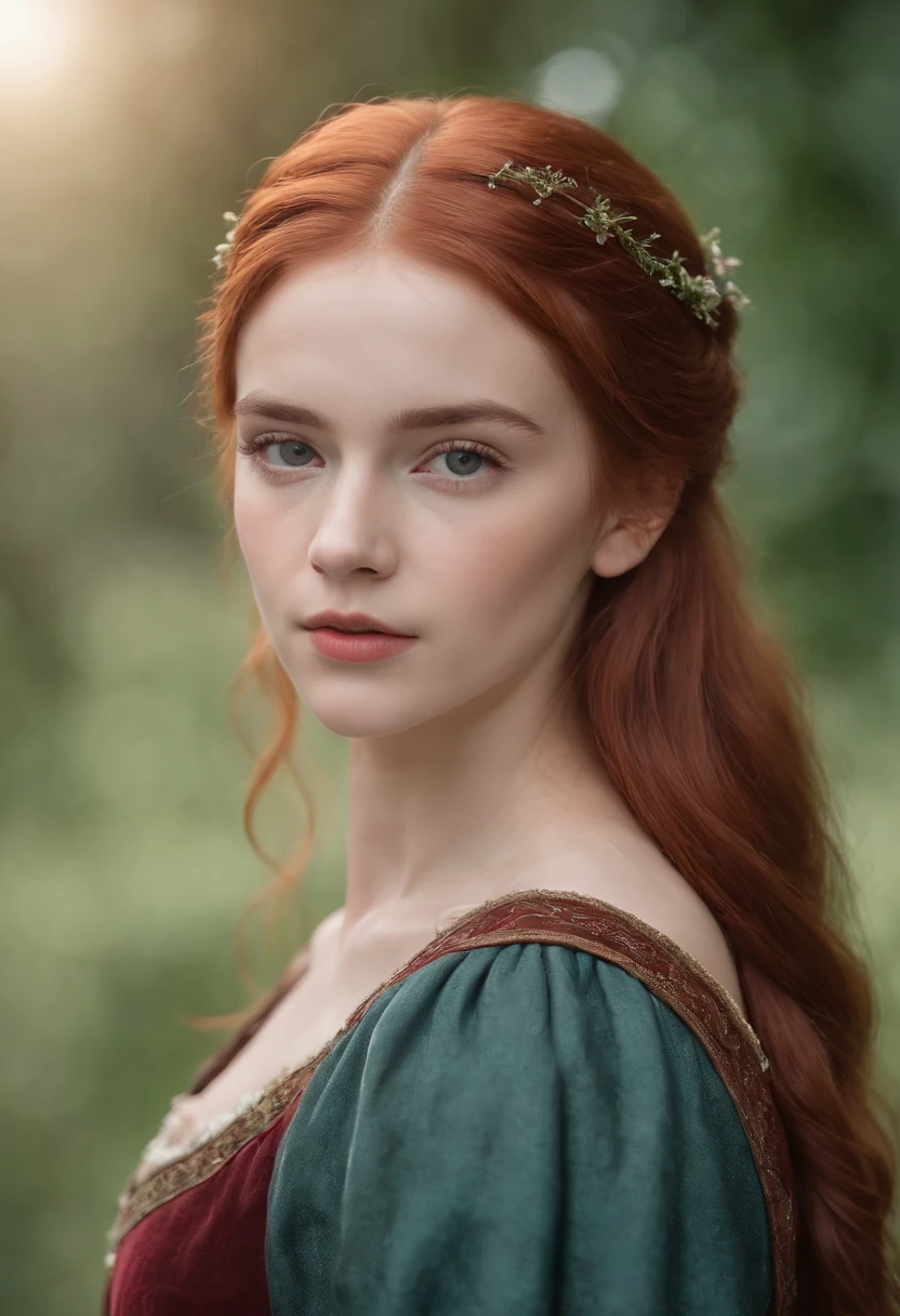 A girl, 20 years, redhead, wavy hair, very long hair, of collections, pale white skin, green eyes, small roof rack, small nose, nose turned up, round face, split chin, Small ears, in a white lace dress, 16k, highres, best quality, award winning, high details, textured skin, super detail, anatomically correct, masterpiece