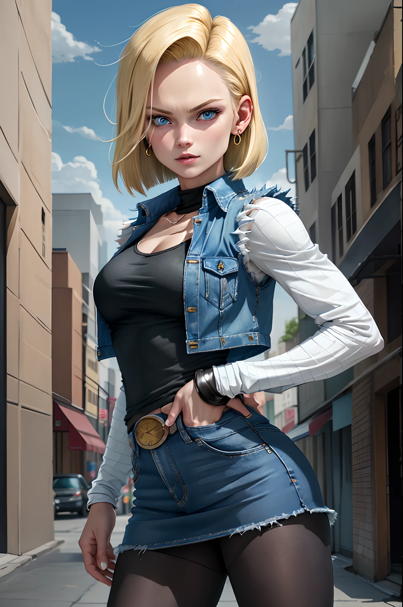 best quality, highres, and18, 1girl, android 18, solo, blonde hair, blue eyes, pointy eyes, short hair, earrings, jewelry, denim vest, open vest, black pantyhose, black shirt, jeans skirt, striped long sleeves, blue skirt, medium breasts, cowboy shot, street, (Externally expanded chest: 1.2)