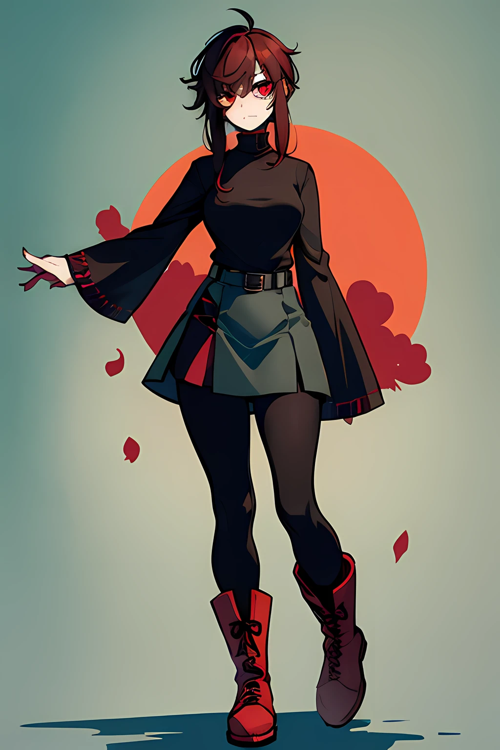1zombie girl, grey skin, dark red hair, black turtleneck, black leggings, boots, skirt, stitches on body, stitches on face