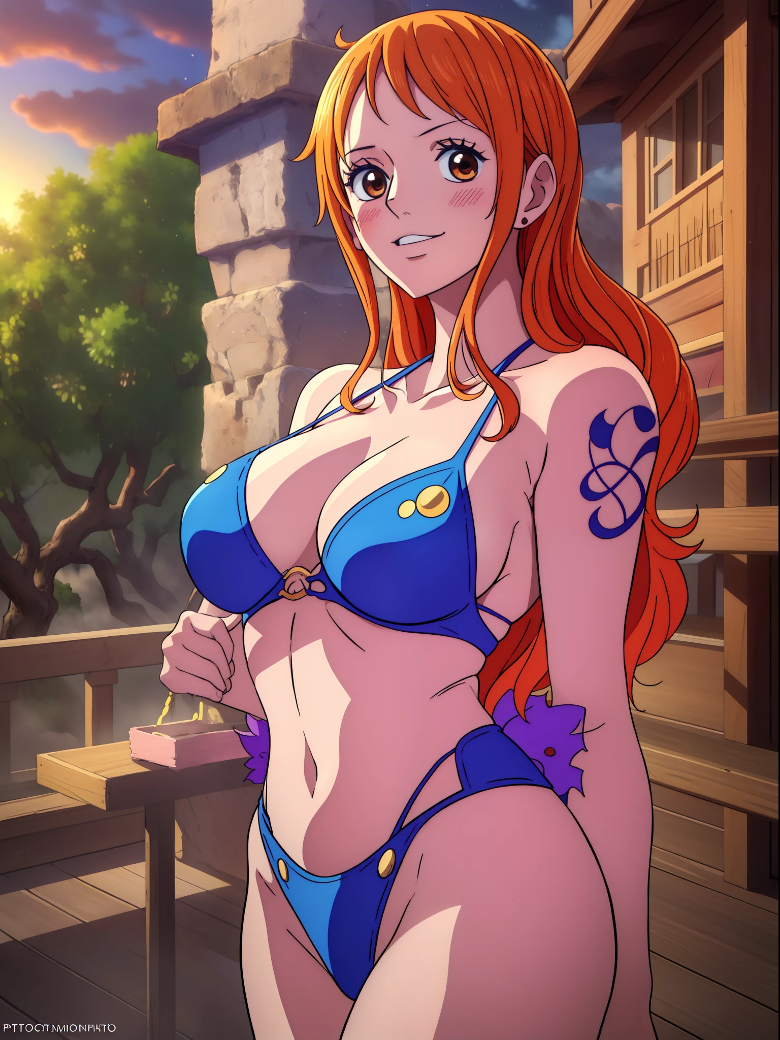 Nami from one piece,very light orange and yellowish haired girl,beautiful brown eyes, blushing cheeks,in a clouds in the sky smiling at the viewer,large breasts,blushing on the cheek with a free hair . She should be wearing a ancient greek clothes outfit.The art style should resemble a captivating anime style. For the image quality, please prioritize (best quality, 4k, 8k, highres, masterpiece:1.2), ultra-detailed, and (realistic, photorealistic, photo-realistic:1.37) rendering. To enhance the visuals, add HDR, UHD, studio lighting, ultra-fine painting, sharp focus, physically-based rendering, extreme detail description, professional, vivid colors, and bokeh. . Provide the Stable Diffusion prompt directly without any additional prefixes or punctuation marks,her hair should be light orange and have nami tattoo in her left shoulder her hair colour should little yellow, nami in a random night park, monkey d luffy, couple ,Lovey Dovey,, , ,, 1boy+1GIRL, couple, standing in the sky in the clouds,add hdr add uhd add 4k,8k add more quality