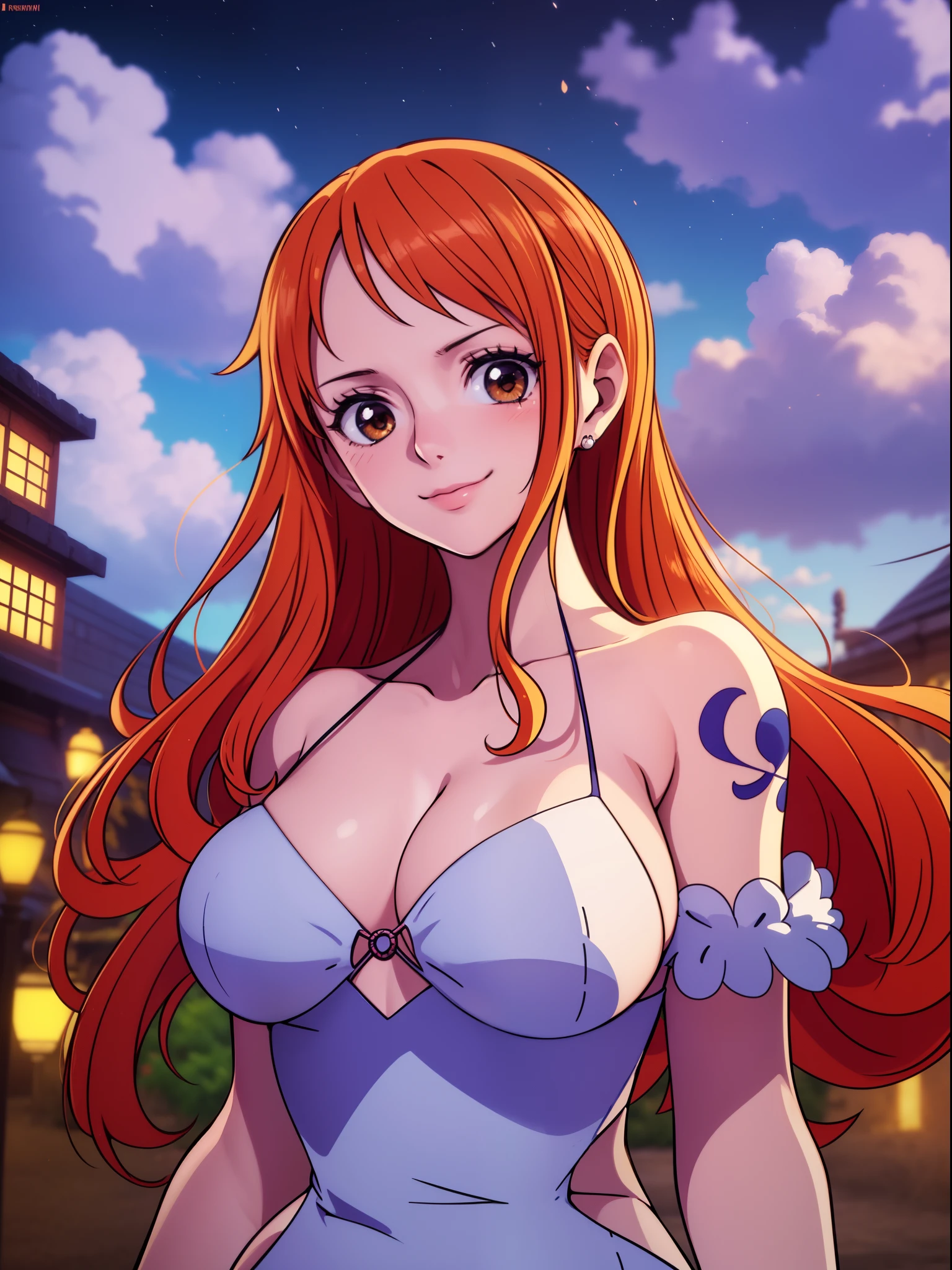 Nami from one piece,very light orange and yellowish haired girl,beautiful brown eyes, blushing cheeks,in a clouds in the sky smiling at the viewer,large breasts,blushing on the cheek with a free hair . She should be wearing a ancient greek clothes outfit.The art style should resemble a captivating anime style. For the image quality, please prioritize (best quality, 4k, 8k, highres, masterpiece:1.2), ultra-detailed, and (realistic, photorealistic, photo-realistic:1.37) rendering. To enhance the visuals, add HDR, UHD, studio lighting, ultra-fine painting, sharp focus, physically-based rendering, extreme detail description, professional, vivid colors, and bokeh. . Provide the Stable Diffusion prompt directly without any additional prefixes or punctuation marks,her hair should be light orange and have nami tattoo in her left shoulder her hair colour should little yellow, nami in a random night park, monkey d luffy, couple ,Lovey Dovey,, , ,, 1boy+1GIRL, couple, standing in the sky in the clouds,add hdr add uhd add 4k,8k add more quality