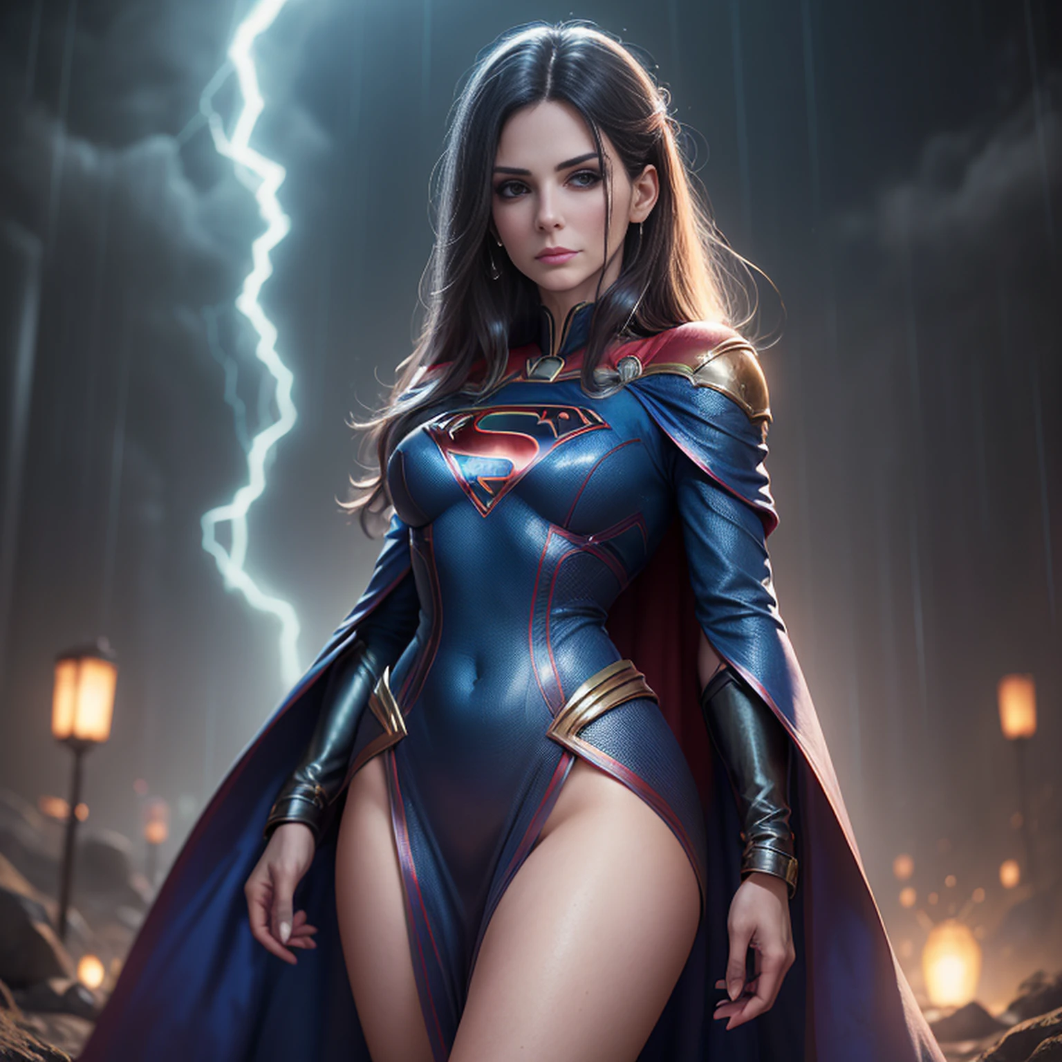 ((Corpo definido pelas mulheres,Um cabelo escuro,21 anos, (Sandra Bullock),fantasia de supergirl,(rain day),Botas longas vermelhas,Traje brilhante,Ratex,uma minissaia,luvas de couro)), ((Olhos detalhados, Olhos de alta qualidade, Rosto de alta qualidade)), vestido azul claro extremamente complexos, magical robes), magia, (dramatic), epic, campo de flores, profundidade de campo, bokeh, 4k, gotica, cinzas, particules))