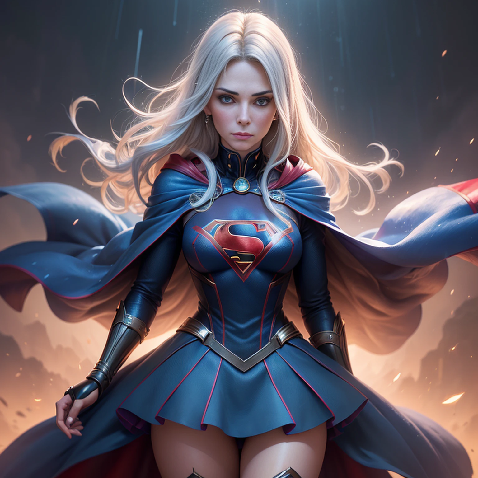 A powerful superhero character in a dramatic action pose, She has her hands behind her back, She has a slight diabolical smile. She wears a dark blue, textured bodysuit with golden accents on the shoulders and wear red long gloves until her elbows. She have got long light blue hair, light blue eyes, large breast, A large American flag cape billows behind her, adding a sense of movement to the scene. There are traces of blood on his outfit and on his face ,The atmosphere around her is misty, with beams of light piercing through the clouds, highlighting the figure in a heroic manner