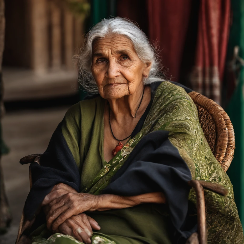 A wise old woman is sitting in a rocking chair, observando o mundo passar. Ela tem longos cabelos brancos e um rosto marcado pela idade, But his eyes are still full of life. Ela tem visto muitas coisas em sua vida, but it's still learning and growing.. She is a source of wisdom and advice to all who know her.