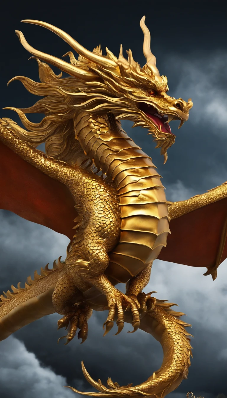 Close-up of a golden dragon statue on a black background, King Ghidorah, Masterpieces by Noriyoshi Ohrai, giant monster dragon monster, monster-eiga, Golden Dragon, Inspired by Noriyoshi Ohrai, monster, Tiamat, Superb masterpiece, A ruined city with a giant dragon in the background、Destroyed City