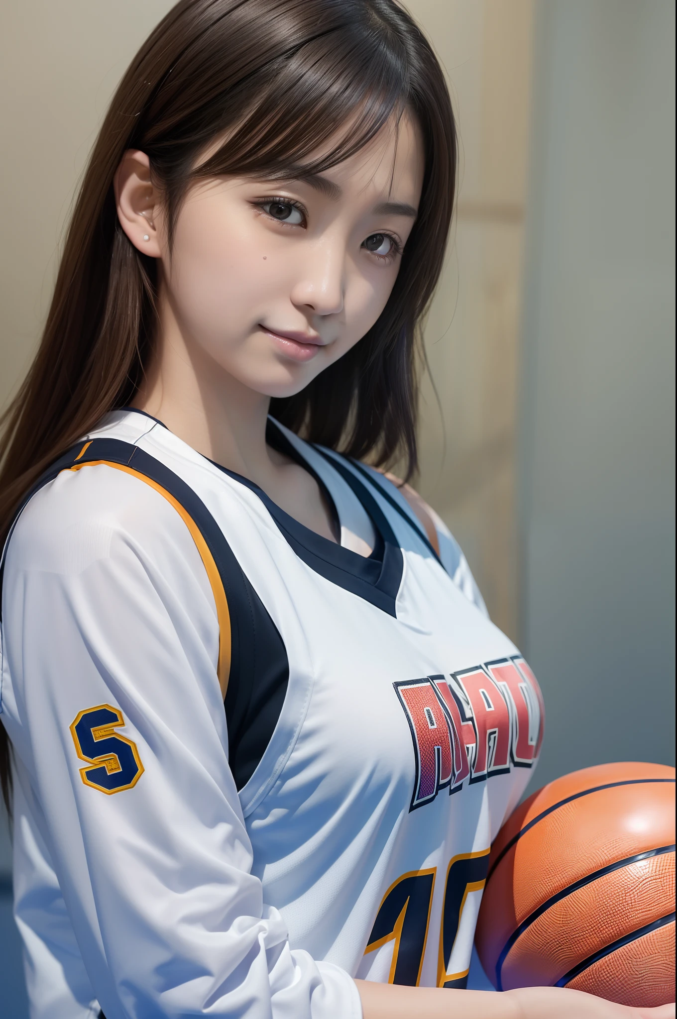 ((photographrealistic)), (realistic), (best quality), (masutepiece), (ultra high definition), ray tracing, ((one Japanese female basketball player with a basketball)), high definition face, high definition finger, high definition uniform,large breasts, sagging breasts, closed mouth, smile, upper body, long shot, gymnasium