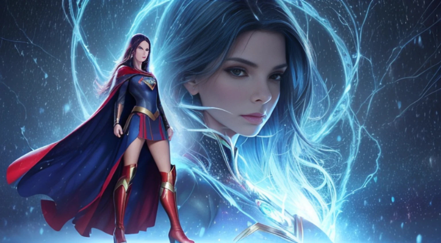 ((Corpo definido pelas mulheres,Um cabelo escuro,21 anos, (Sandra Bullock),fantasia de supergirl,(rain day),Botas longas vermelhas,Traje brilhante,Ratex,uma minissaia,luvas de couro)), ((Olhos detalhados, Olhos de alta qualidade, Rosto de alta qualidade)), vestido azul claro extremamente complexos, magical robes), magia, (dramatic), epic, campo de flores, profundidade de campo, bokeh, 4k, gotica, cinzas, particules))