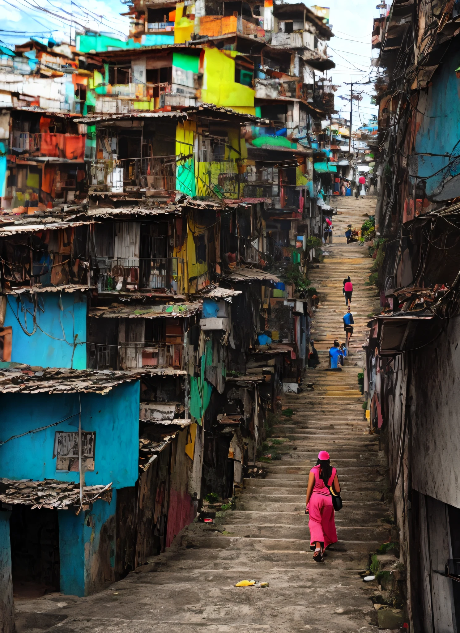 There is a woman who is melancholy and climbing stairs, Location ( favela _ PAREDE ), cidade bonita , mas uma cidade pobre, distopia, barracos, favela, tijolos, arestas neon, inspiration, colagem digital, ( ( pele escura ) ), Location ( favela ), um ambiente de favela opulento, a contemporary artistic collage, mixed media photography, artist's interpretation, favela, Trend in Artstattion, cheio de cor