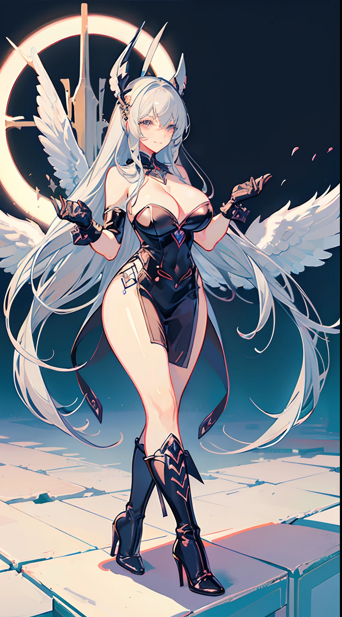 angelicales,(gigantic cleavage breasts:1.3),Solo,Long gray hair,Cross your hands at the waist,Strapless bra,latex high heels boots,latex glove,grin face,stand posture,simplebackground