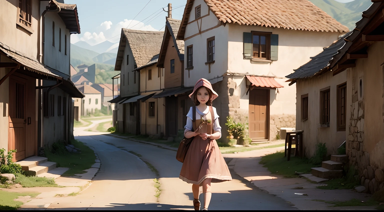 Aria, a young villager known for her kindness, walking through the village.