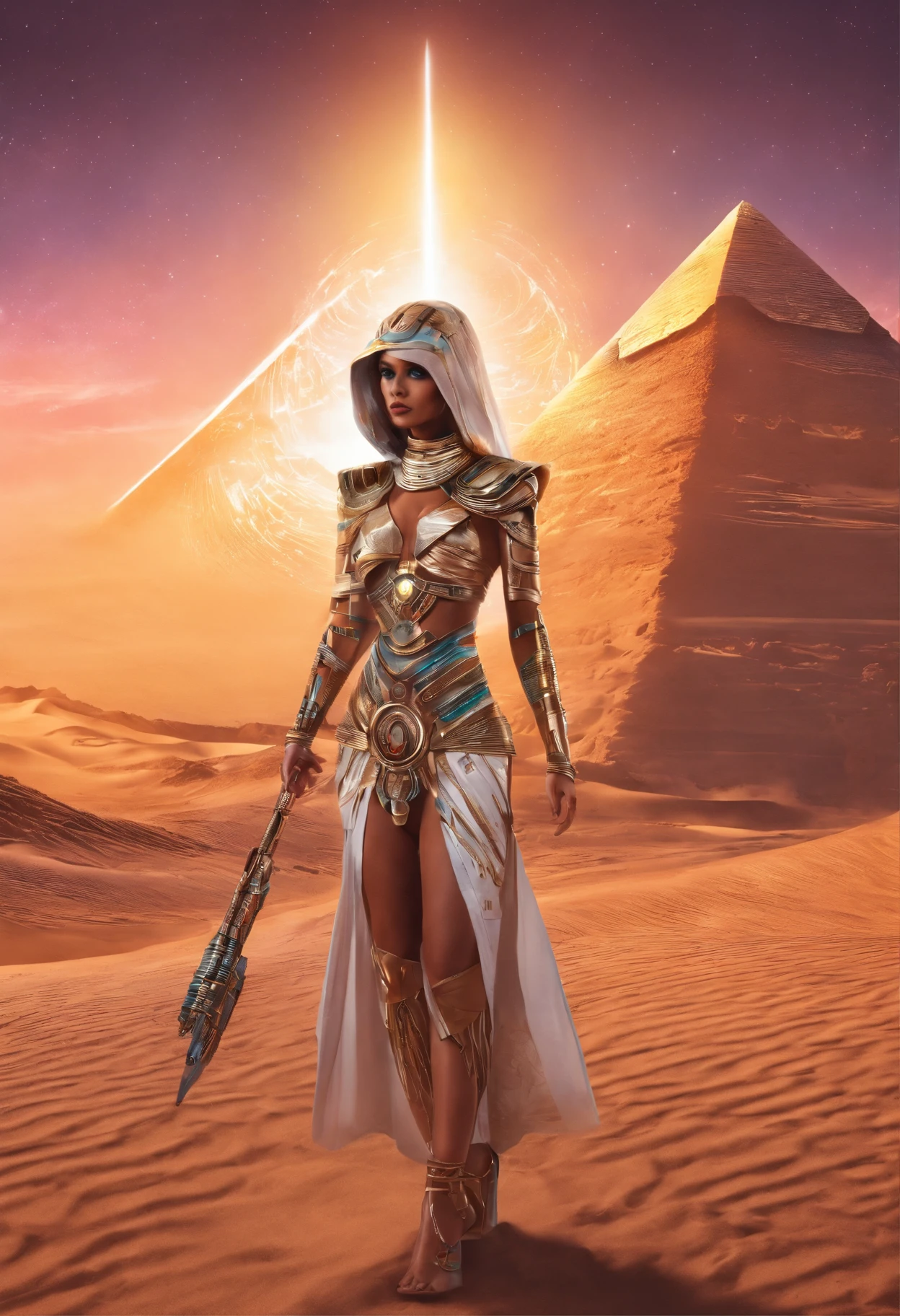 Egyptian hot mummy Girl, walking out desert at full moon night, more realistic, 5D, 8K, hyper realistic, super detailed, horror ancient vibe, holographic spark lightning, masterpiece, highly eternal, more horror realistic, perfect face, fingers, hands, full body, trending on art section