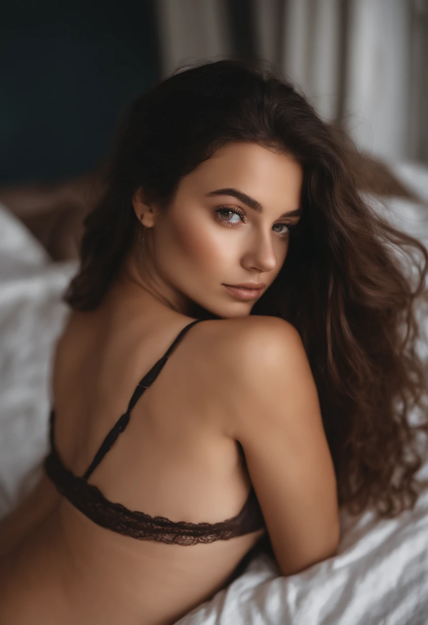 Arafed woman with tank top and matching panties, Fille sexy aux yeux bruns, Portrait Sophie Mudd, cheveux bruns et grands yeux, Selfie of a young woman alone in bed, Lying naked