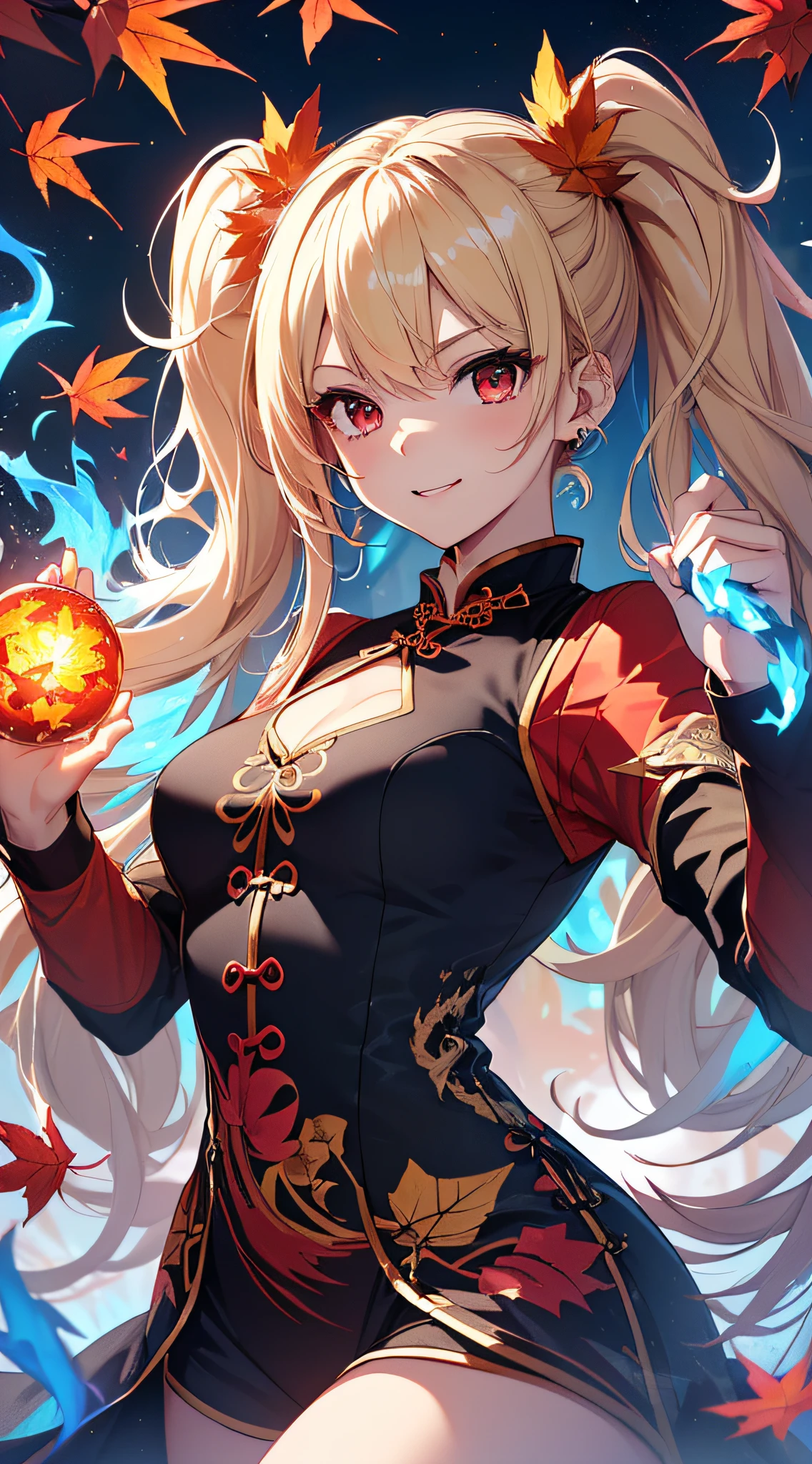top-quality、Top image quality、​masterpiece、girl with((18year old、Black and red sexy cheongsam、Best Bust、Bust 90、Blonde twintails、Red Eyes、open chest wide、Valley、Happiness、A slender、ssmile、Blue aura on both arms、Glass Hair Fastening、Reflecting the whole body、fighting poses、drunken fist、battleing、nffsw)）hiquality、Beautiful Art、Background with((Autumn leaves at night、Floating blue fireball、Fantastic world、blue flames、Fire Dragon、red aura))、masutepiece、Elaborate design、visualart、