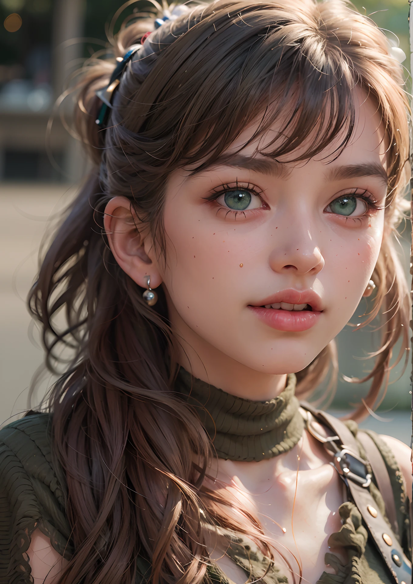 (Realistic, Photorealistic: 1.37), (8k, RAW Photos, Best Quality, Masterpiece: 1.2), Cute, Ultra Detailed, Heart-Shaped Pupils, Physically Based Rendering, Ultra High Resolution, Kodak Vision Color, Shot with Arricam LT Camera, Bokeh, Sharp Focus,
When you look at the viewer, photorealistic, realistic, solo, photorealistic, highest quality, highly detailed face, highly detailed green eyes and face, beautiful detailed eyes, absurdity, incredibly absurd, (soft smilling), ponytail messy hair, floating hair, mouth wide open and tongue sticking out, drool, (wearing dark green off shoulder sweater)off shoulder
