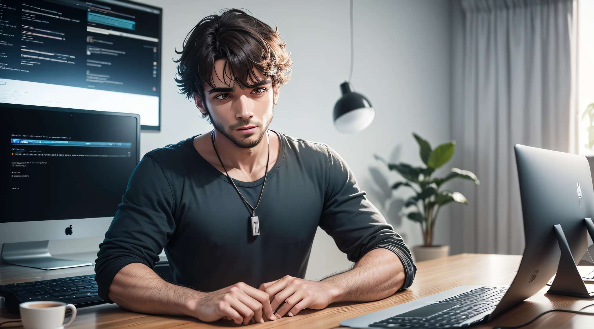 HOMEM TRABALHANDO EM CASA COM COMPUTADOR COM AS MAOS NO TECLADO DIGITANDO NA MESA USANDO COM OLHOS ABERTOS