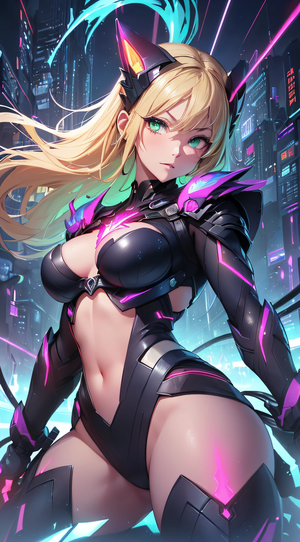 top-quality、Top image quality、masterpiece、Android Girl((14years、Red, Black and blue glowing cybersuit、Blue energy source for the chest,Best Bust、Bust 90、Blonde Away Tail、Blue-green eyes、open chest wide、Valley、Happiness、A slender、Warlike face、Stand at the front、Countless cable connections throughout the body、Particles of light、Sharp claw arm,Dual-arm laser cannon、Bruised body、battleing、Giant Cybersword、Rear Flight Unit))hiquality、Beautiful Art、Background with((Blue lighting、Green particles、Red Laser Pointer、Purple swirl,Yellow flash、Pink lightning、Cyberfield))、masutepiece、Elaborate design、visualart、Theatrical films