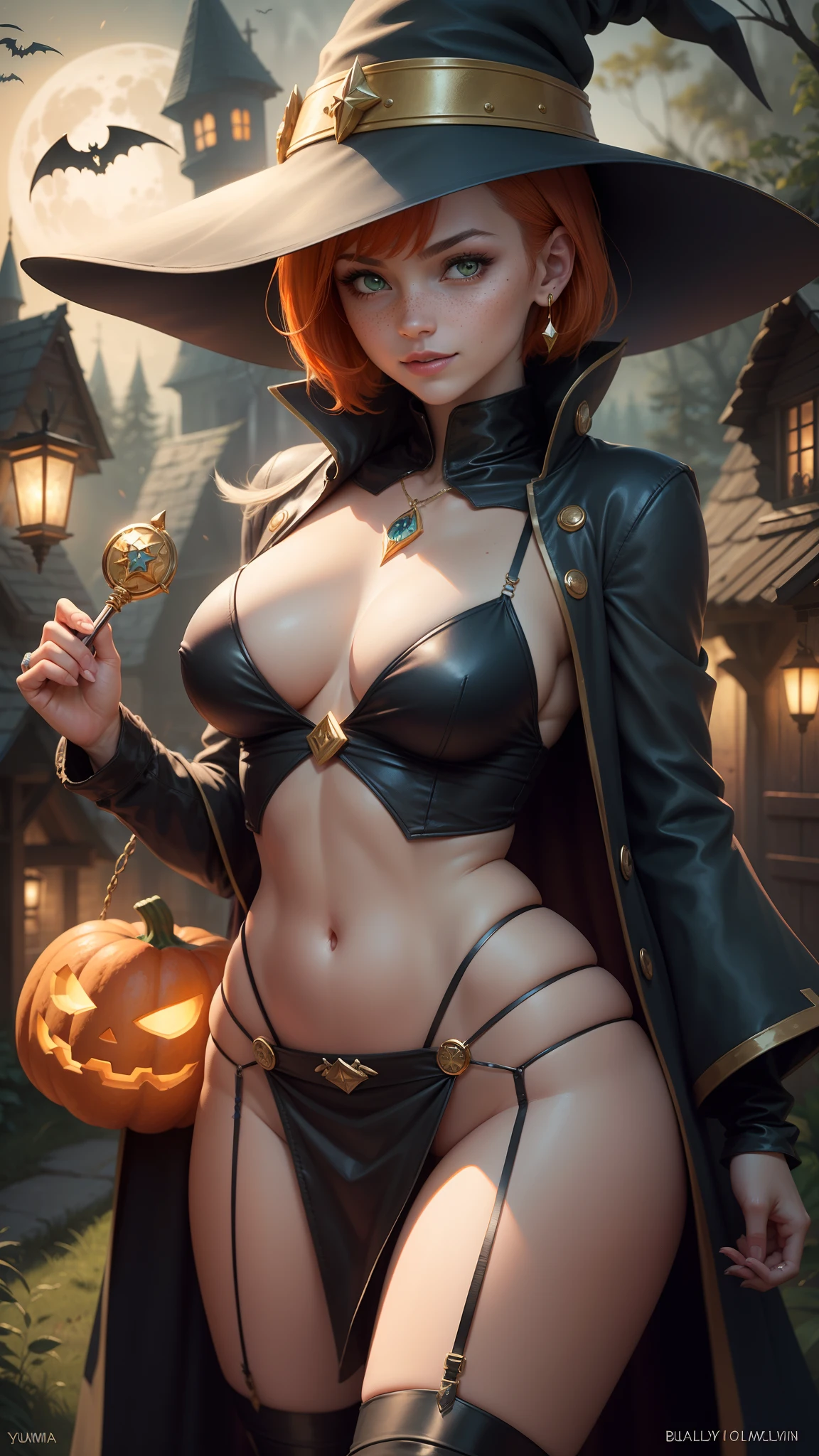 dark magician girl,gwen tennyson,tracer,bulma,rebecca chambers,Yu-Gi-Oh,solo girl,close up,moonlight,gold neck jewelry,body tattoos,short pink skirt,garter belt,short hair,blue witch hat,long sleeve top,witch robe,holding a wand,pumpkin village,witch cloak,silver earrings,halloween forest,glowing pumpkin,green eyes,orange hair,shy smile,freckles,redhead,beautiful girl, large breasts,thigh high boots,ultra detailed,realistic,fantasy art,