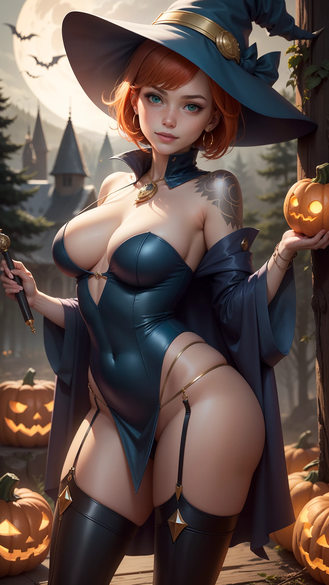 dark magician girl,gwen tennyson,tracer,bulma,rebecca chambers,Yu-Gi-Oh,solo girl,close up,moonlight,gold neck jewelry,body tattoos,short pink skirt,garter belt,short hair,blue witch hat,long sleeve top,witch robe,holding a wand,pumpkin village,witch cloak,silver earrings,halloween forest,glowing pumpkin,green eyes,orange hair,shy smile,freckles,redhead,beautiful girl, large breasts,thigh high boots,ultra detailed,realistic,fantasy art,