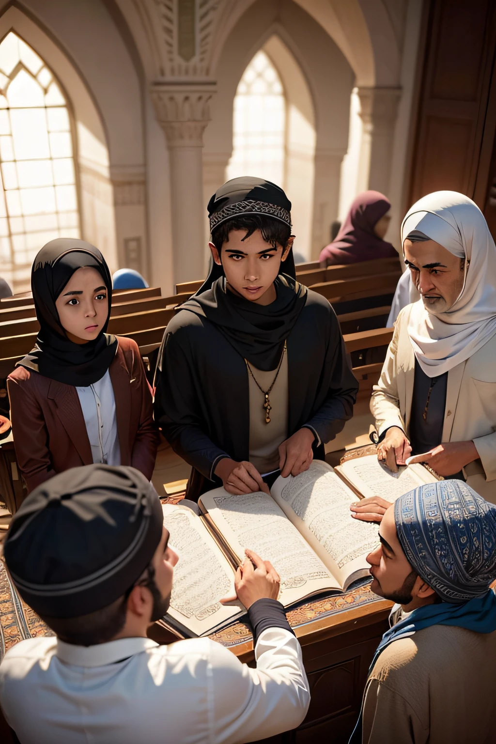 Menino de 16 anos, cabelos pretos, pelo curto, with friends in the mosque celebrating conversion to Islam, felizes, Muslim cap and Quran mosque tapestry