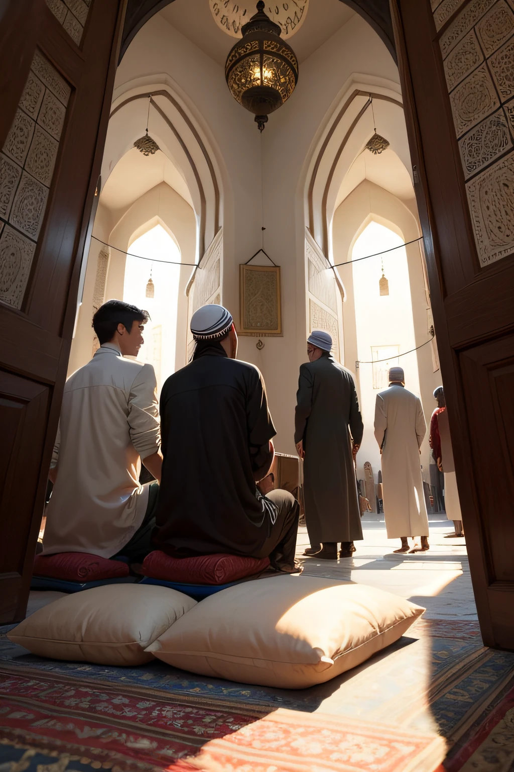 Menino de anos, cabelos pretos, pelo curto, with friends in the mosque celebrating conversion to Islam, felizes, Muslim cap and Quran mosque tapestry