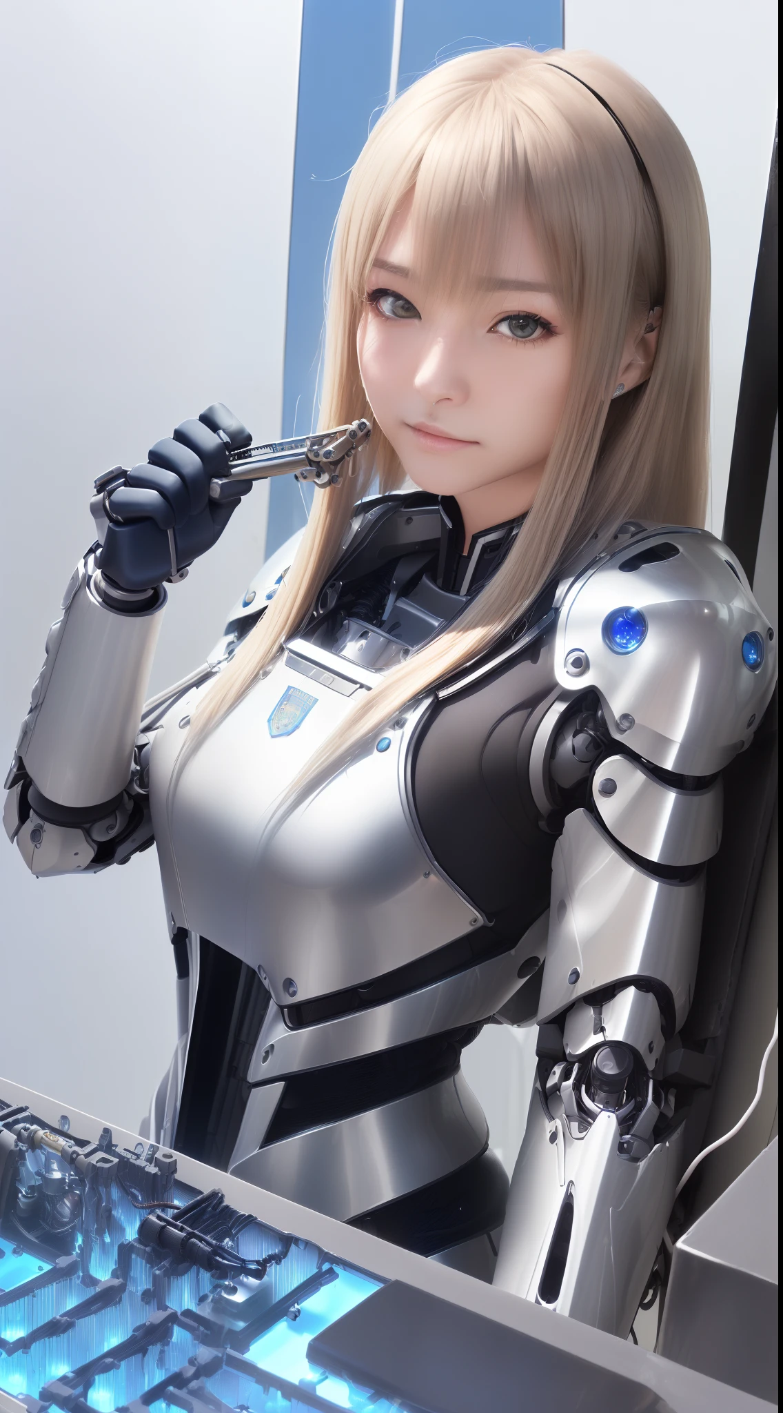 ((masutepiece)), ((top-quality), high quarity、ultra-definition, Realistic, (Ultra-fine face)、fulcolor 、scientific fiction、Robot Police Woman、droid、(Mechanical joints)、Machine body、((machine components))、Hydraulic cylinder、Thick wire joints、White mechanical armor、(Curvaceous face)、deadpan、straight haired、((Electronic substrate))、Slimed