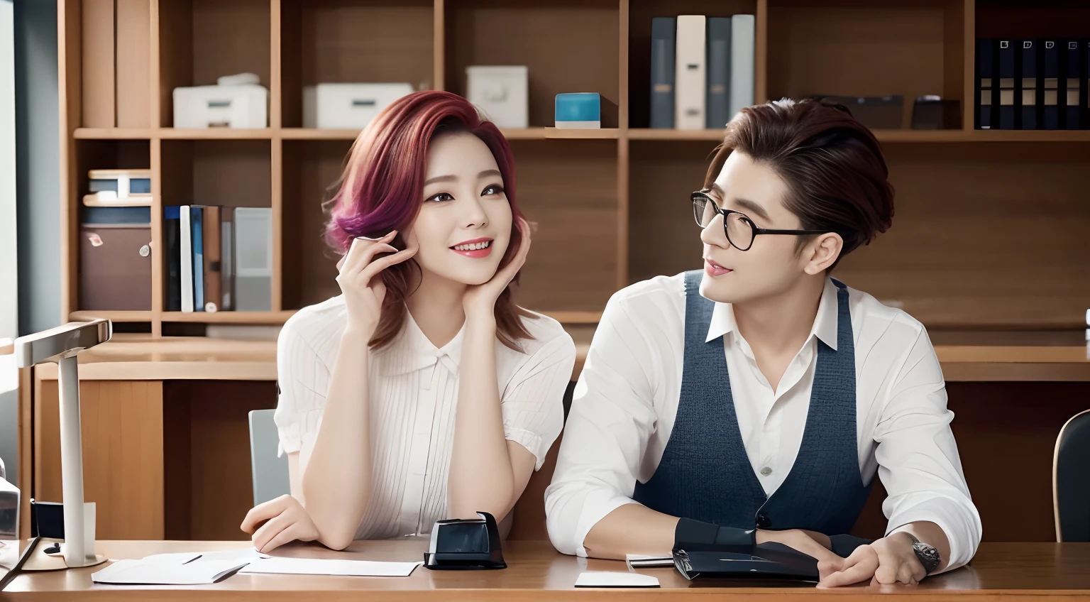 Two men and women enjoying advertising activities, Work at an office desk, 10 generations, Fashionable hair color