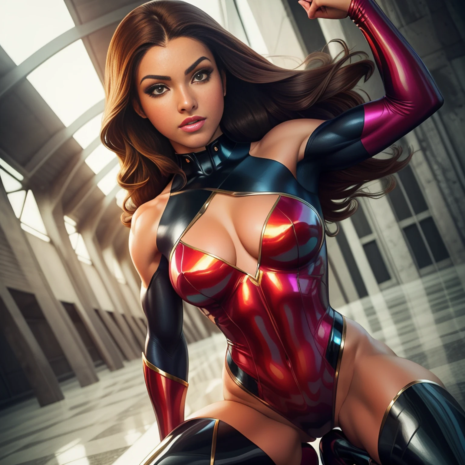 a sexy beautiful superheroine, tem seios grandes, brown hair, olhos verdes, malha verde com uma borda externa preta, The Leotard has an opening in the chest area,. capa vermelha, faixa vermelha com medalha de ouro no centro, wears high-kneeled boots that are black at the top and green at the bottom portrait photograph by artgerm, no estilo do realismo, pele cintilante, natural lighting, Defined full lips. Female body muscle fitness