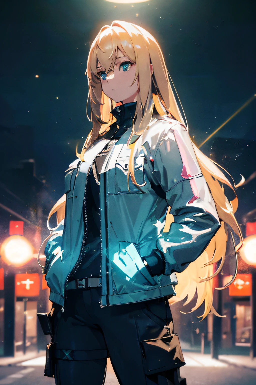 a girl blowing a big bubblegum with both of her hand in her pocket , (hands in pocket:1.4), (big bubblegum:1.4), (Shibuya:1.4), (night lights:1.4), (Thick Body:1.4), (Long Blond Hair:1.4), Green Eyes, HDR (High Dynamic Range), Ray Tracing, NVIDIA RTX, Super-Resolution, Unreal 5, Subsurface Scattering, PBR Texturing, Post-Processing, Anisotropic Filtering, Depth-Of-Field ,Maximum Clarity And Sharpness, Multi-Layered Textures, Albedo And Specular Maps, Surface Shading, Accurate Simulation Of Light-Material Interaction, Octane Render, Two-Tone Lighting, Low ISO, White Balance, Rule Of Thirds, Wide Aperture, 8K RAW, Efficient Sub-Pixel, Sub-Pixel Convolution, (Luminescent Particles:1.4), {{Masterpiece, Best Quality, Extremely Detailed CG, Unity 8k Wallpaper, 3D, Cinematic Lighting, Lens Flare}},