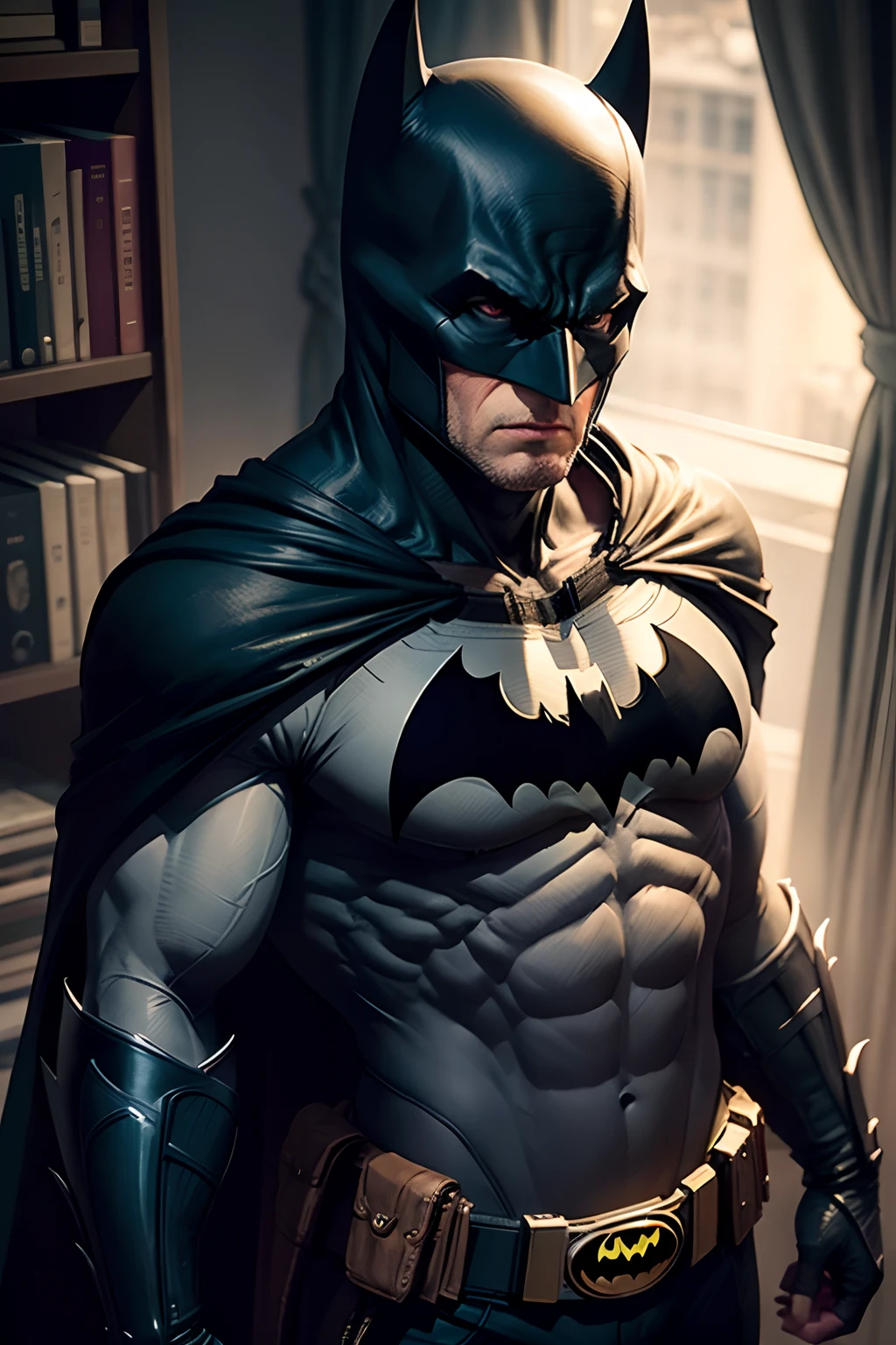 1 man, solo, Ben Affleck as Batman, tall, hunk, muscular, bulk, wide shoulder, photorealism, dark dirty grey suit, dark grey arms, ((no mask)), mask off, black hair, black gloves, best quality, masterpiece, high resolution:1.2, black cape, high detailed mask, high detailed suit, high detailed face, award winning, night time, a dark cave in the background, indoors