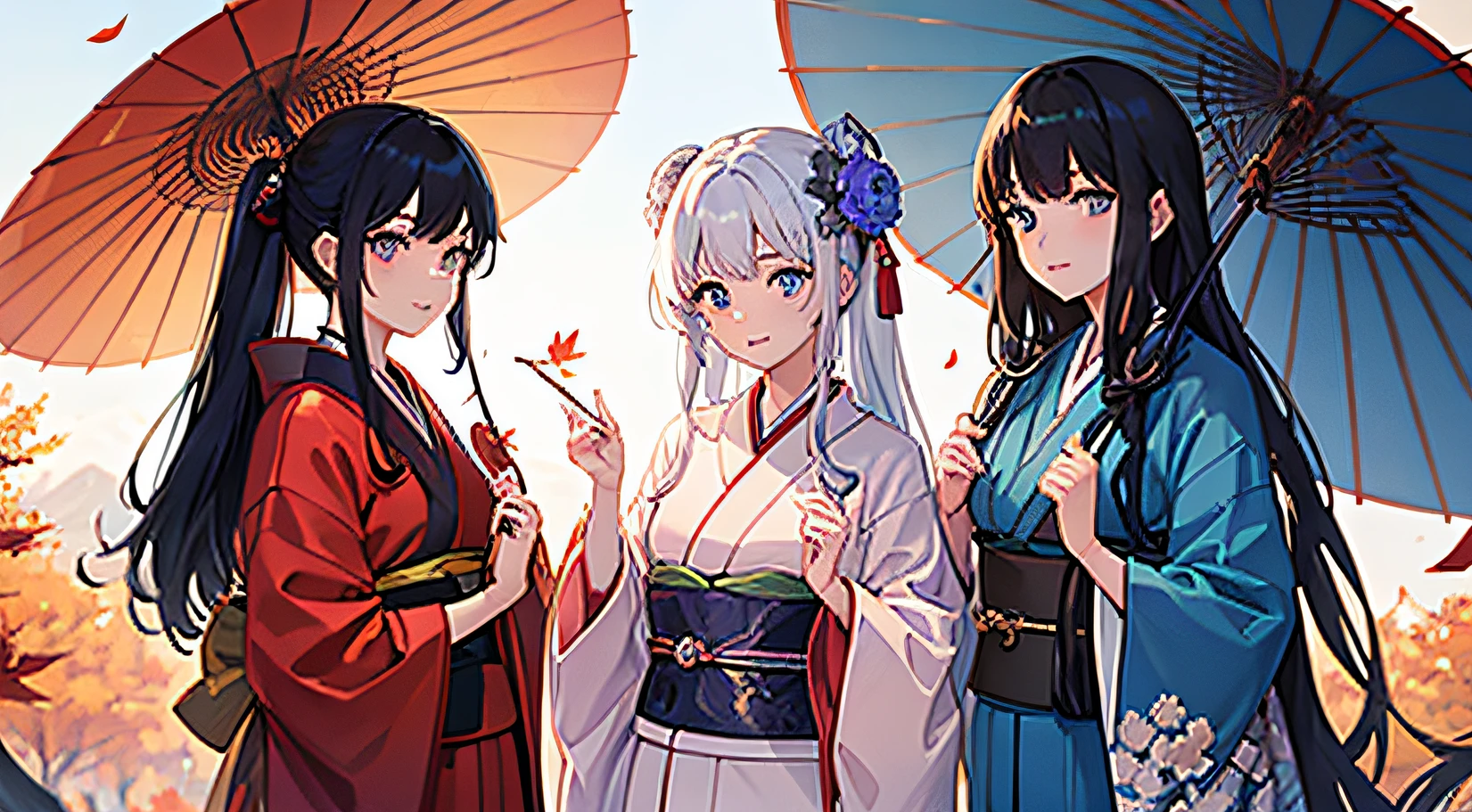 3 girls go to the fuji kawaguchiko autumn festival, wearing kimonos, best quality ,highly detailed, masterpiece, ultra-detailed, one is looking at the falling autumn leaves, the other two are talking, laughing with each other, one a person with iridescent blue eyes, long white hair, holding a traditional Japanese umbrella, a person with blue-violet eyes, long light pink hair tied with a flower-shaped hairpin, a person with harmonious red eyes, shiny black hair, holding a small hand fan. autumn leaves scene, 4k ultra.