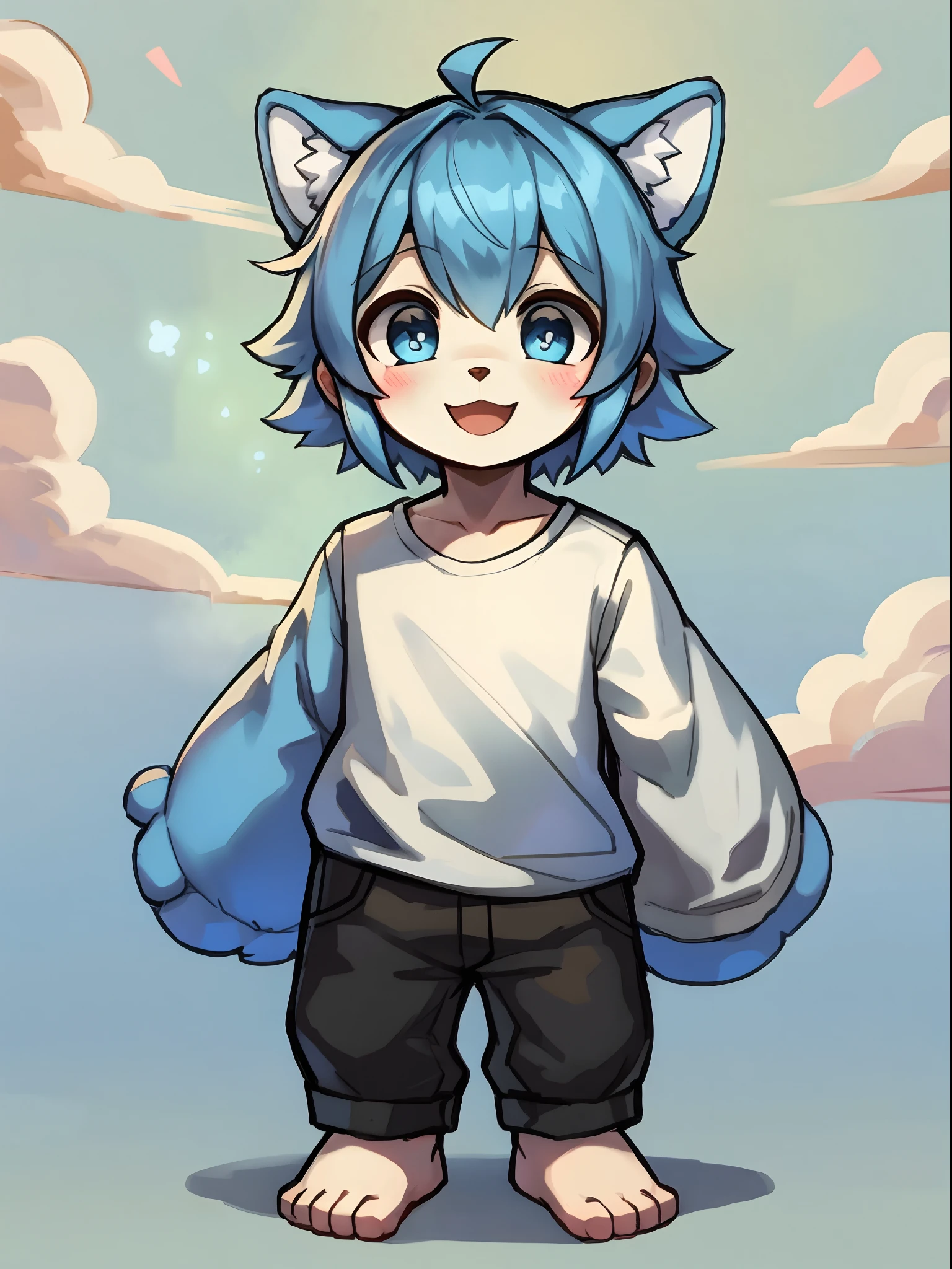 Shota,Blue-colored hair ,male people,Q version,(toddlers,baby), adolable, standing on your feet, Master masterpieces, A high resolution,8K,detailedbackground,high high quality,Libido boy,(((独奏))),(white shirt,The barefoot:0.6),looking at viewert,angle of view,From above,Dreamlike,magical,baiyun,(Warm light source:1.2),upper sky,On the clouds,A happy expression,shorter pants