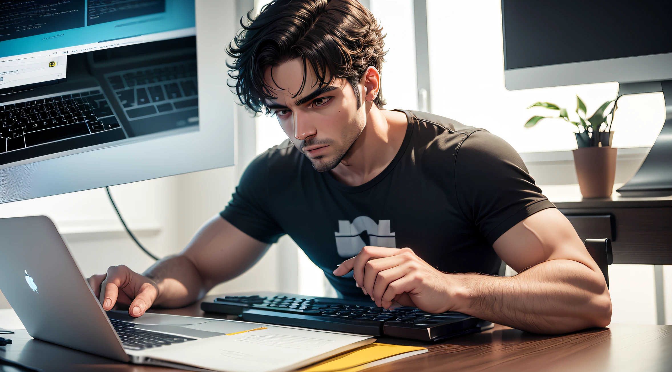 HOMEM TRABALHANDO EM CASA COM COMPUTADOR COM AS MAOS NO TECLADO DIGITANDO NA MESA USANDO COM OLHOS ABERTOS