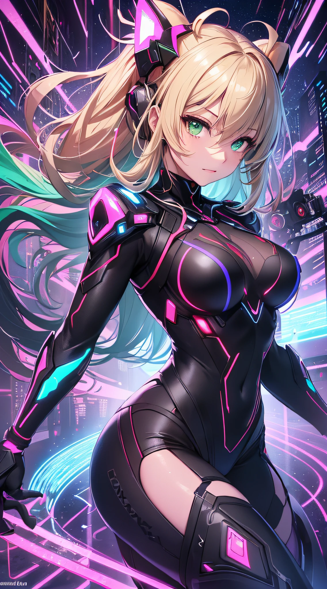 top-quality、Top image quality、masterpiece、Android Girl((years、Red, Black and blue glowing cybersuit、Blue energy source for the chest,Best Bust、Bust 90、Blonde Away Tail、Blue-green eyes、open chest wide、Valley、Happiness、A slender、Warlike face、Stand at the front、Countless cable connections throughout the body、Particles of light、Sharp claw arm,Dual-arm laser cannon、Bruised body、battleing、Giant Cybersword、Rear Flight Unit))hiquality、Beautiful Art、Background with((Blue lighting、Green particles、Red Laser Pointer、Purple swirl,Yellow flash、Pink lightning、Cyberfield、Luminous sky))、masutepiece、Elaborate design、visualart、Theatrical films