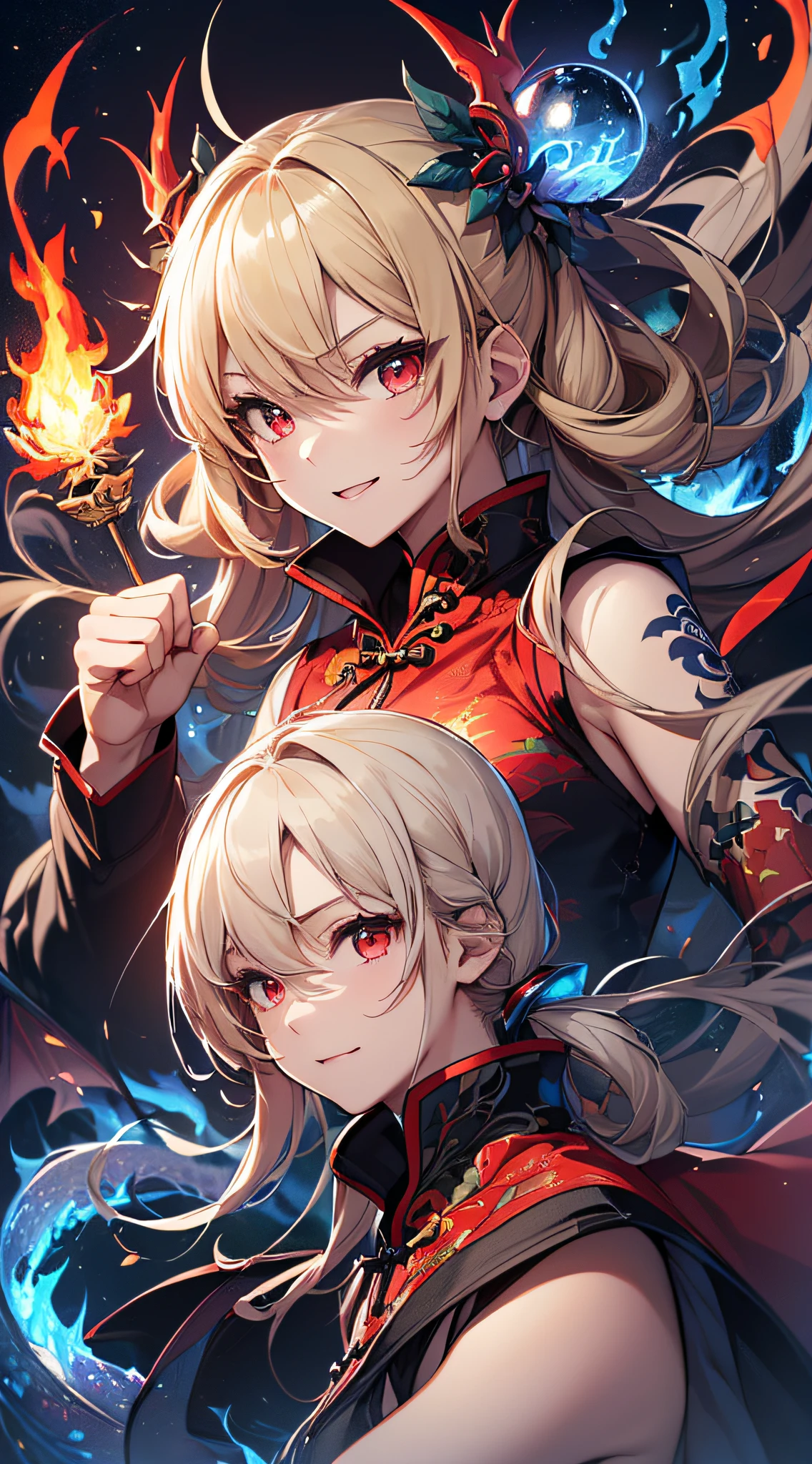 top-quality、Top image quality、​masterpiece、girl with((18year old、Black and red sexy cheongsam、Best Bust、Bust 90、Blonde twintails、Red Eyes、open chest wide、Valley、Happiness、A slender、ssmile、Blue aura on both arms、Glass Hair Fastening、Reflecting the whole body、fighting poses、drunken fist、battleing、nffsw、Wink in right eye)）hiquality、Beautiful Art、Background with((Night light leaf、Floating blue fireball、Fantastic world、blue flames、Fire Dragon、red aura))、masutepiece、Elaborate design、visualart、