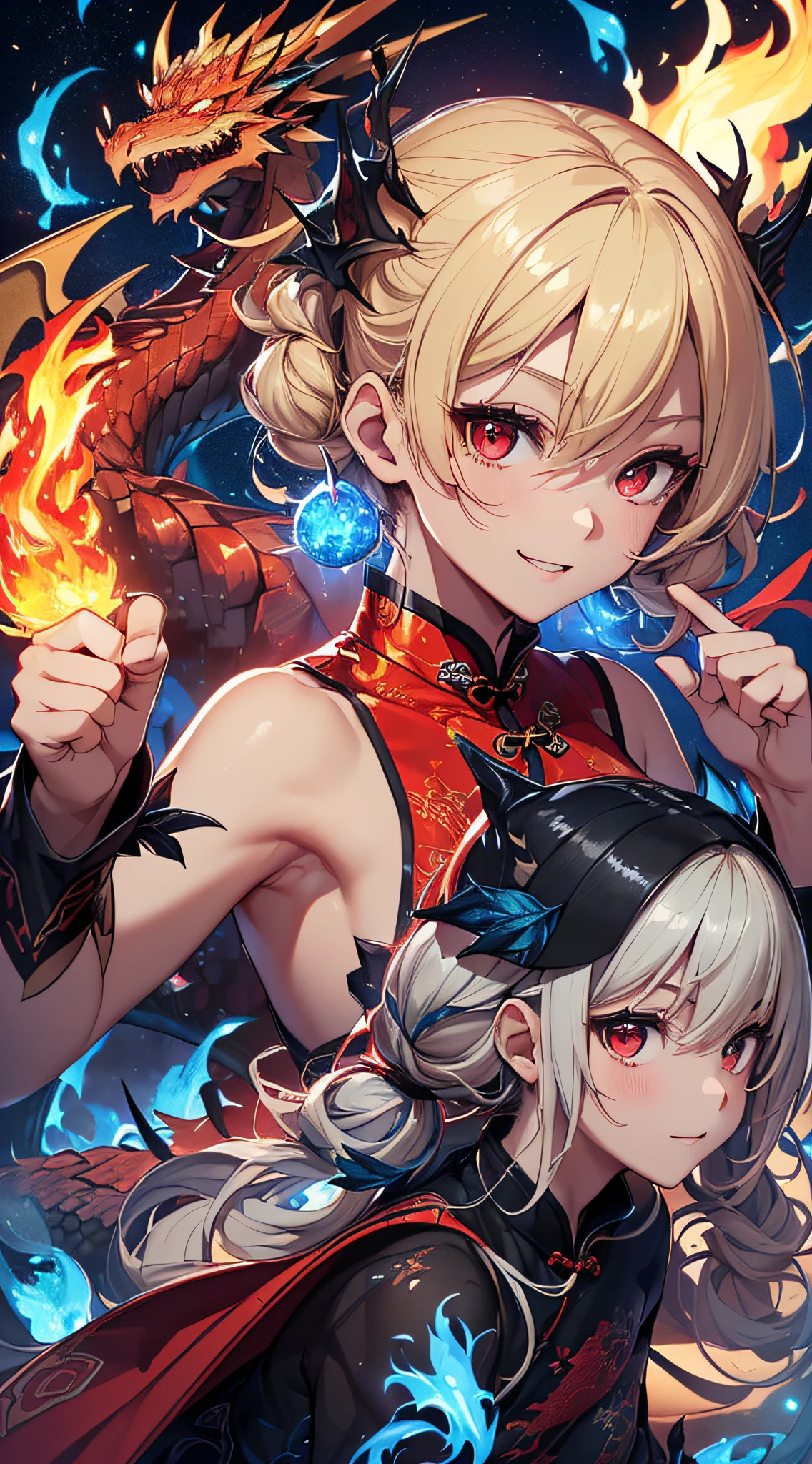 top-quality、Top image quality、​masterpiece、girl with((18year old、Black and red sexy cheongsam、Best Bust、Bust 90、Blonde twintails、Red Eyes、open chest wide、Valley、Happiness、A slender、ssmile、Blue aura on both arms、Glass Hair Fastening、Reflecting the whole body、fighting poses、drunken fist、battleing、nffsw、Wink in right eye)）hiquality、Beautiful Art、Background with((Night light leaf、Floating blue fireball、Fantastic world、blue flames、Fire Dragon、red aura))、masutepiece、Elaborate design、visualart、