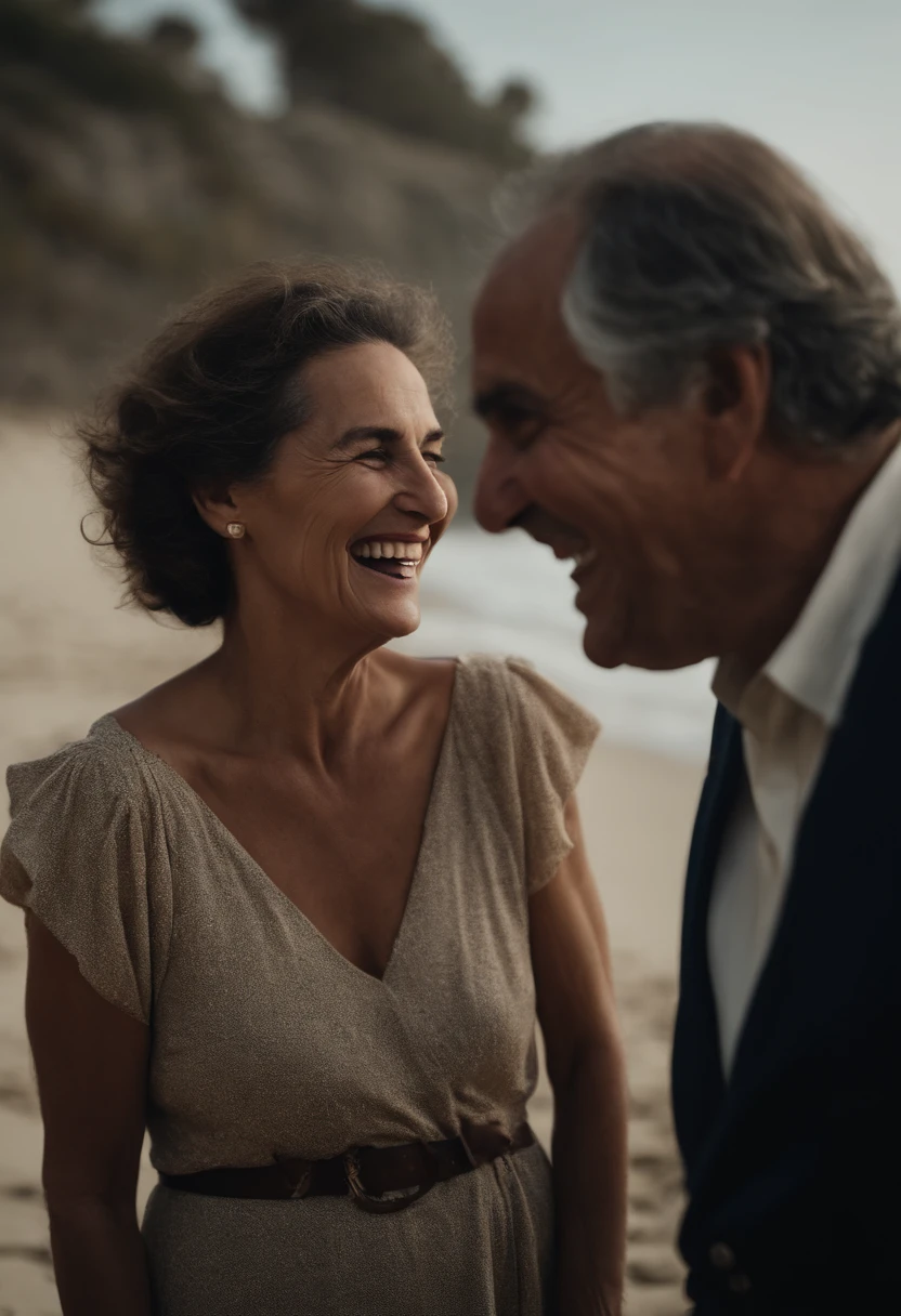 Mujer de mediana edad con grandes pechos, en la playa, laughing while talking to a man. Pelo moreno. Ultra realista