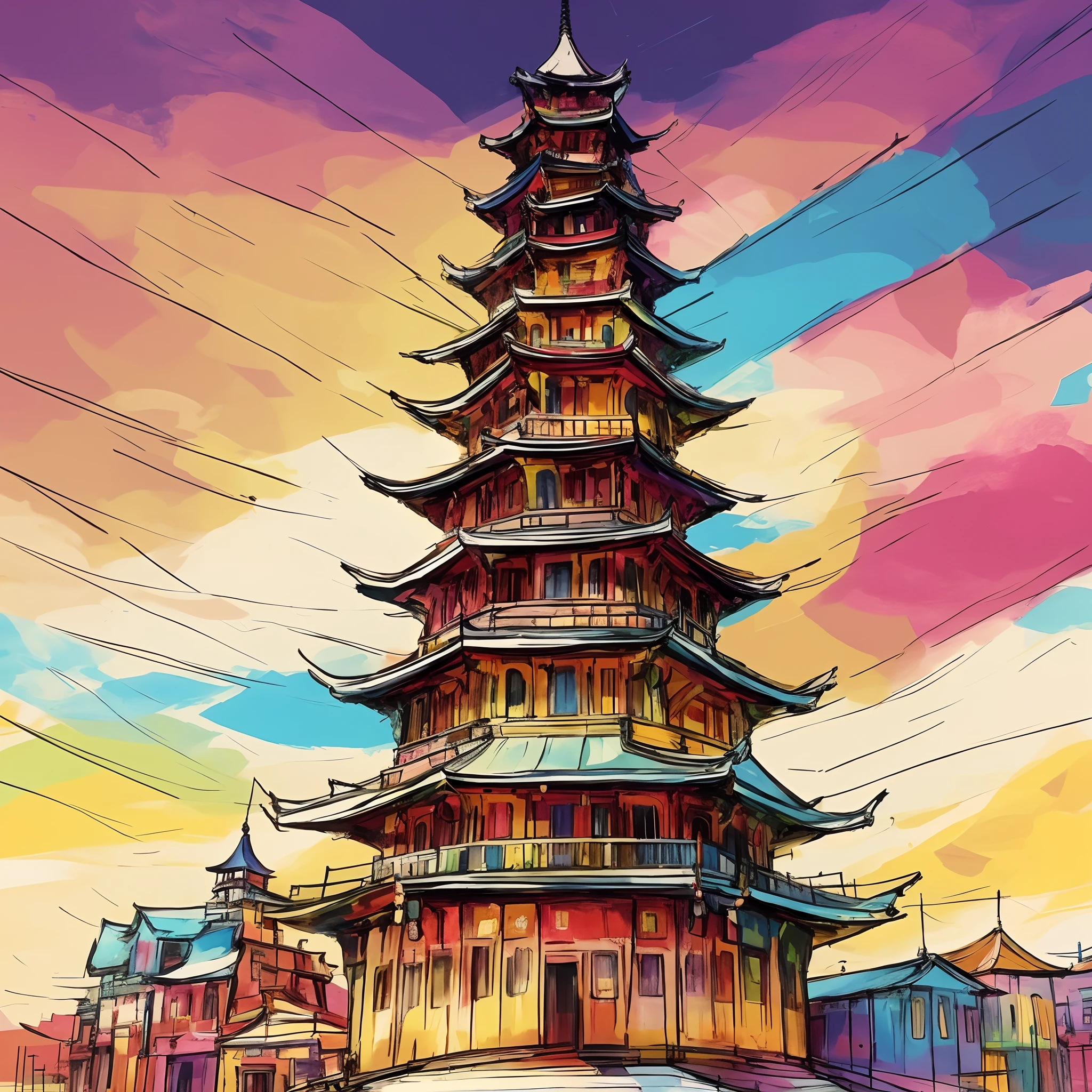 a painting of a pagoda tower in a city with a sky background, digital painting of a pagoda, beautiful painting of a tall, colorful digital painting, chinese watercolor style, vibrant digital painting, ancien chinese tower, painted tower of the moon, colorful sketch, colorful painting, colorful architectural drawing, stunning art style, digital painting highly detailed, colorful concept art, chinese building