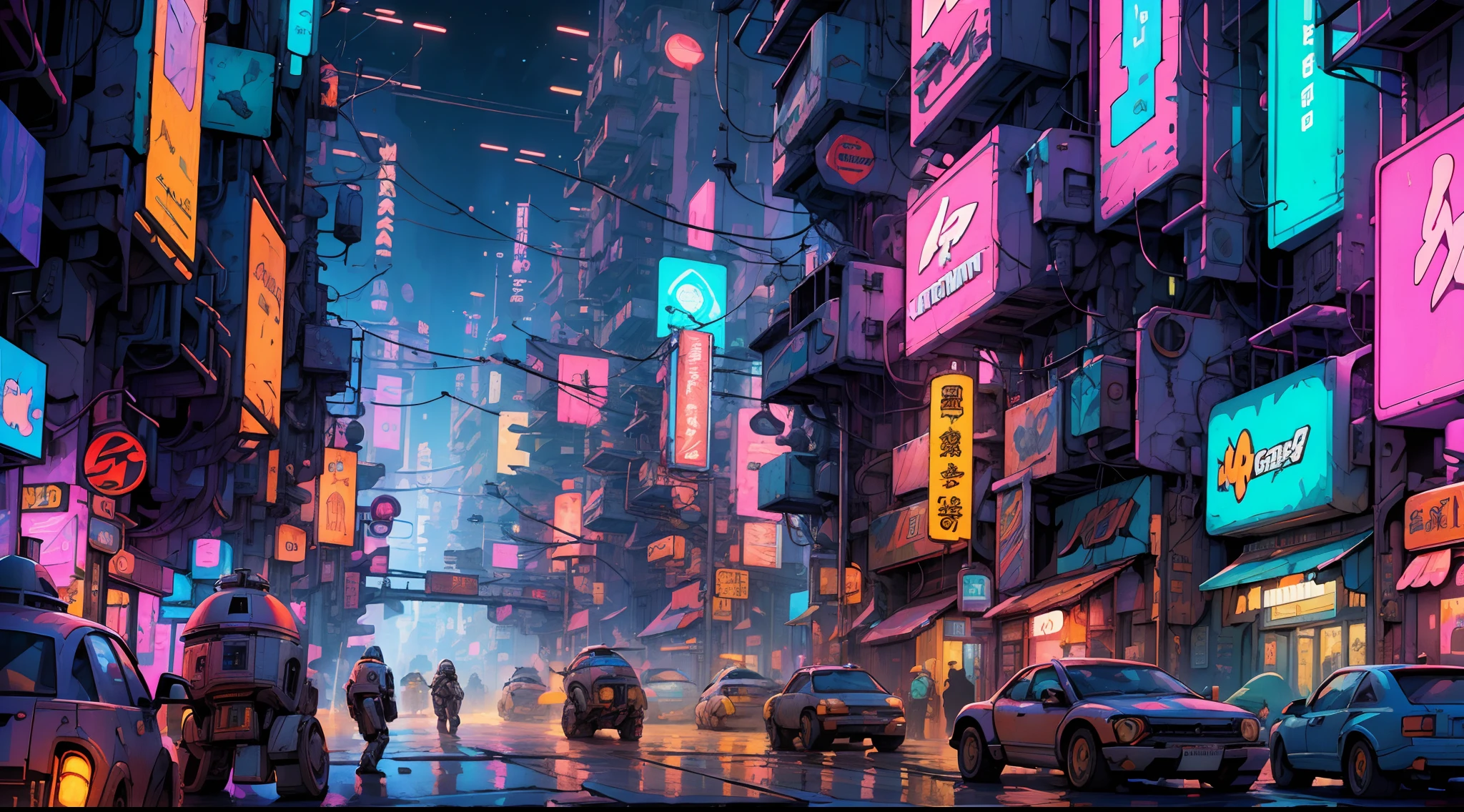 Future City,Tokyo,cyberpunk,(Neon Signs),(Intricate:1.3),Cyberpunk Night,Masterpiece,(Droids:1.3),(Mechs:1.5),RGB,Cyberpunk City Sci-Fi Movie,(Bridge),Cables,Super Detailed,High Quality,Super Detail,Crazy Details , highly detailed, Epic composition, Best quality, 32K,Futuristic city with neon lights and futuristic streets, Neon City in the background, Futuristic street, Futuristic city street, Neon City, City environment cyberpunk, Neon megacity in the background,Cyberpunk city street, Futuristic urban background, in a futuristic cyberpunk city, Sci-fi Cyberpunk City Street,