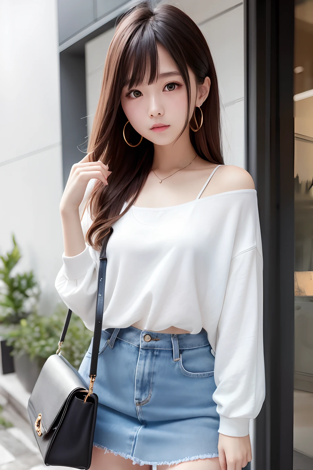 a beauty girl、cute  face、Very small breasts、Fashionable plain clothes、Too much skin exposure