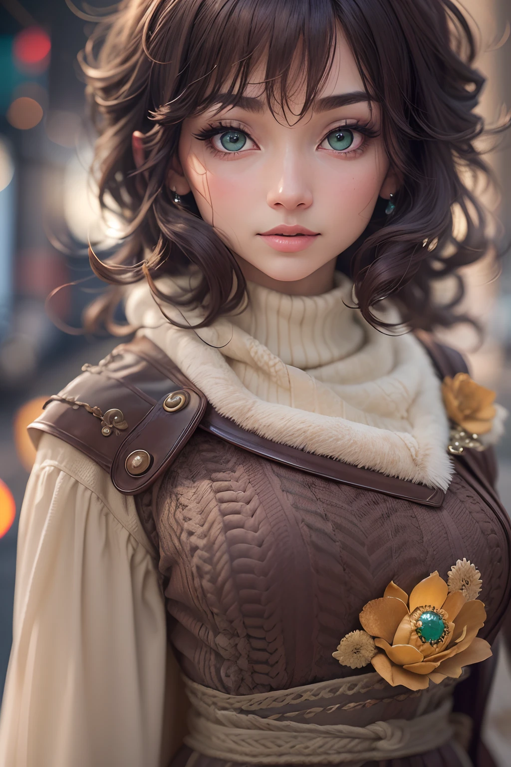 best quality,4k,8k,highres,masterpiece:1.2,ultra-detailed,realistic,photorealistic:1.37, vivid colors,soft lighting, HDR,UHD,studio lighting,extreme detail description,professional,bokeh,ultra-fine painting,sharp focus,physically-based rendering,walking in the street,urban landscape,round green eyes:1.1,beautiful detailed eyes,beautiful detailed lips,extremely detailed eyes and face,longeyelashes,black hair till waist,cubby body,cute:1.1,40 year old woman,brown turtle-neck full hand long gown